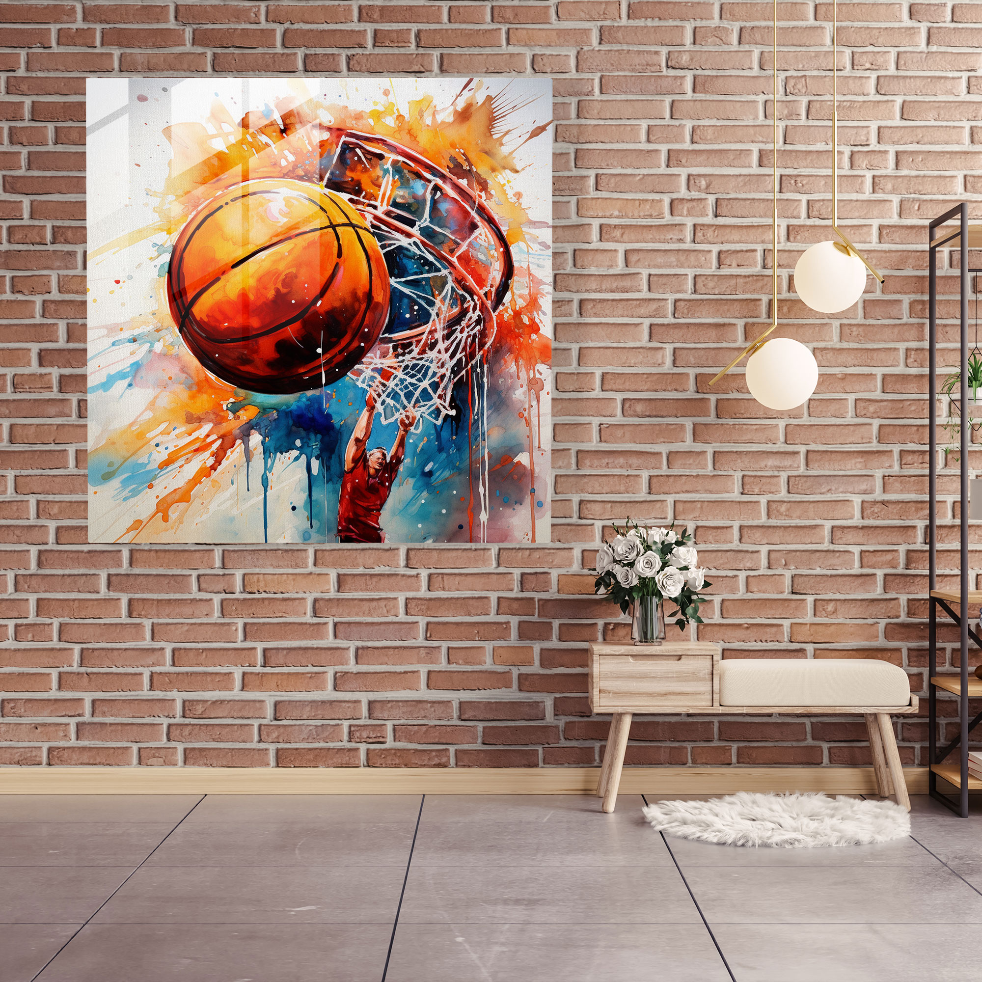 Nba Realistisches Aquarell-Glasbild - Basketball Dribbeln Wanddekoration