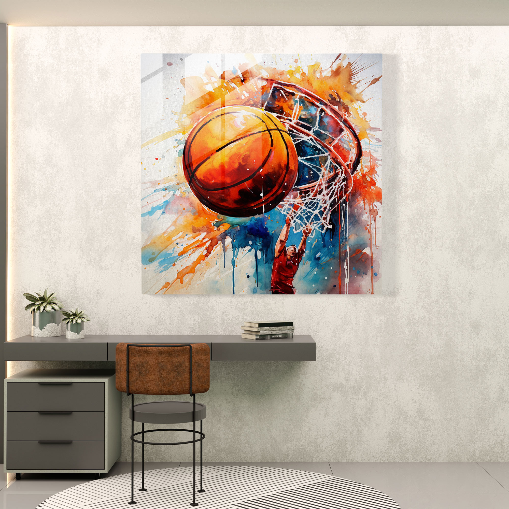 Nba Realistisches Aquarell-Glasbild - Basketball Dribbeln Wanddekoration