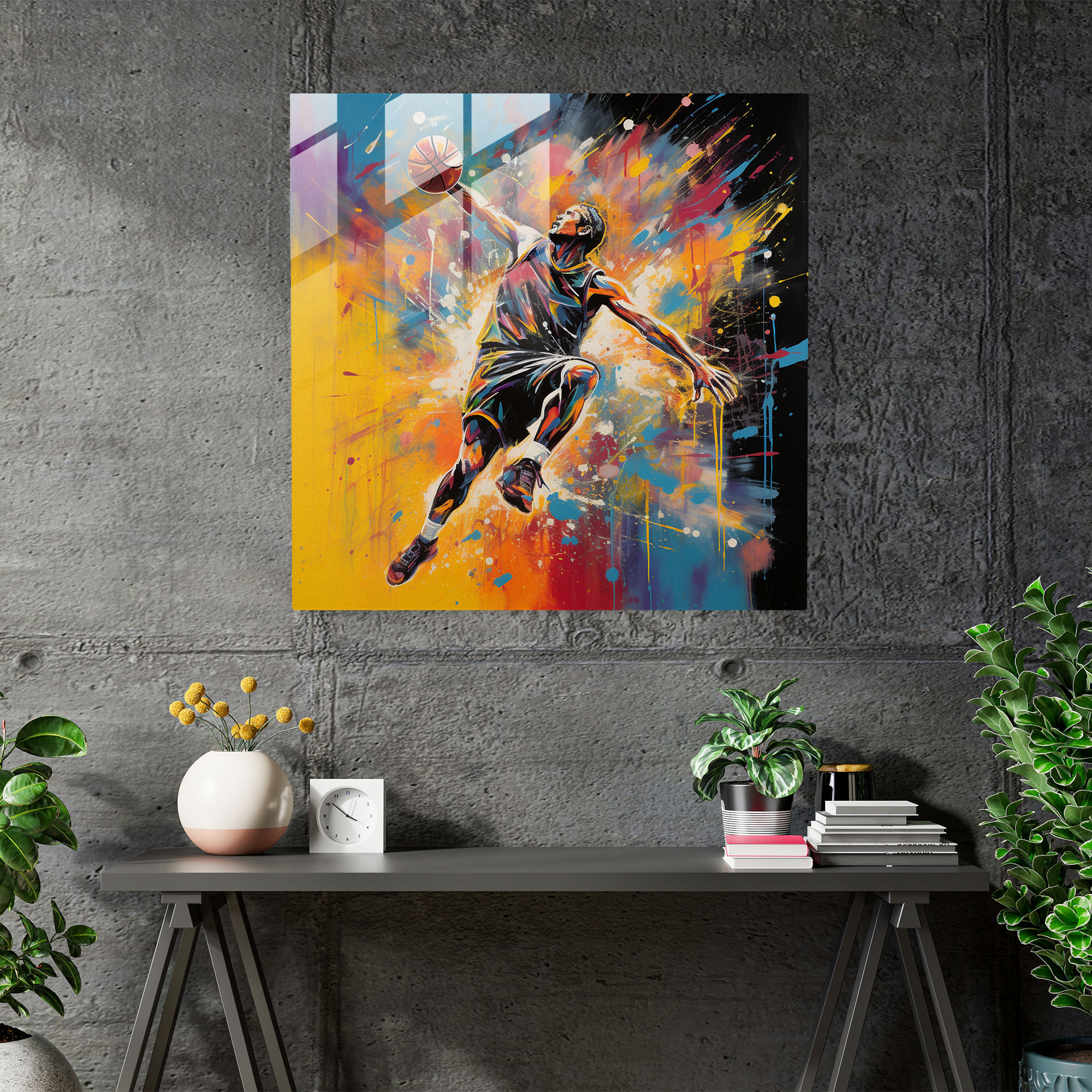 Nba Glass Print - Modern Abstract Basketball Dunk - Nba, Abstract Painting, Glass Art, Wall Decoration