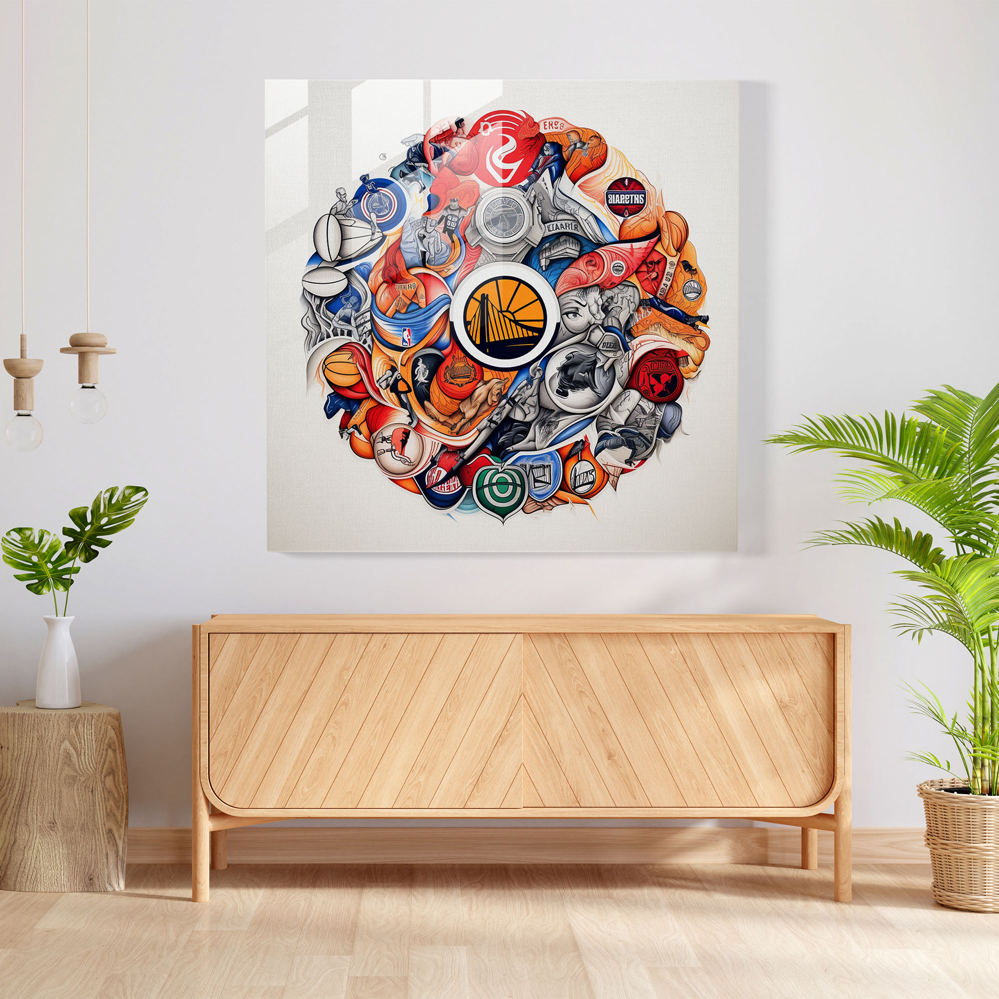 NBA Glasbild - Team Logos Skizze - NBA Wohnaccessoire Glaswandkunst Skizze