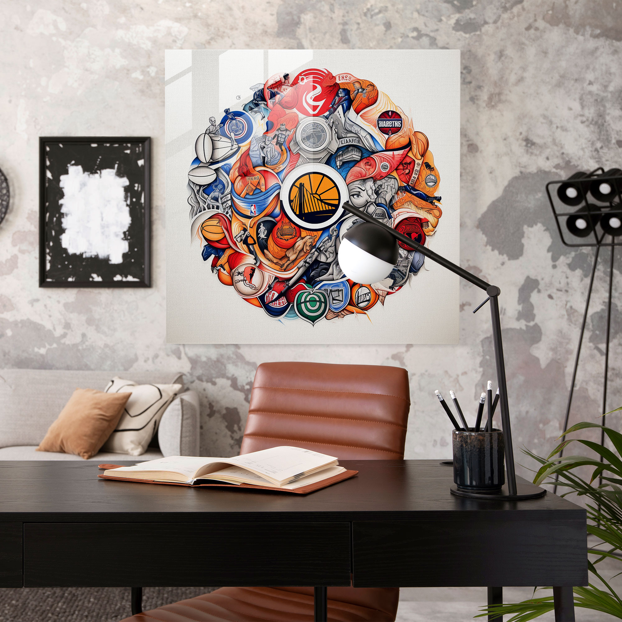 NBA Glasbild - Team Logos Skizze - NBA Wohnaccessoire Glaswandkunst Skizze