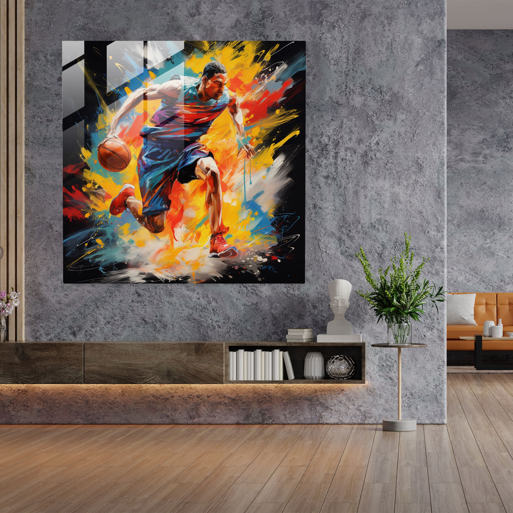 Nba Action Glass Print - Nba, Wall Decoration, Home Decoration, Dynamic Action Painting