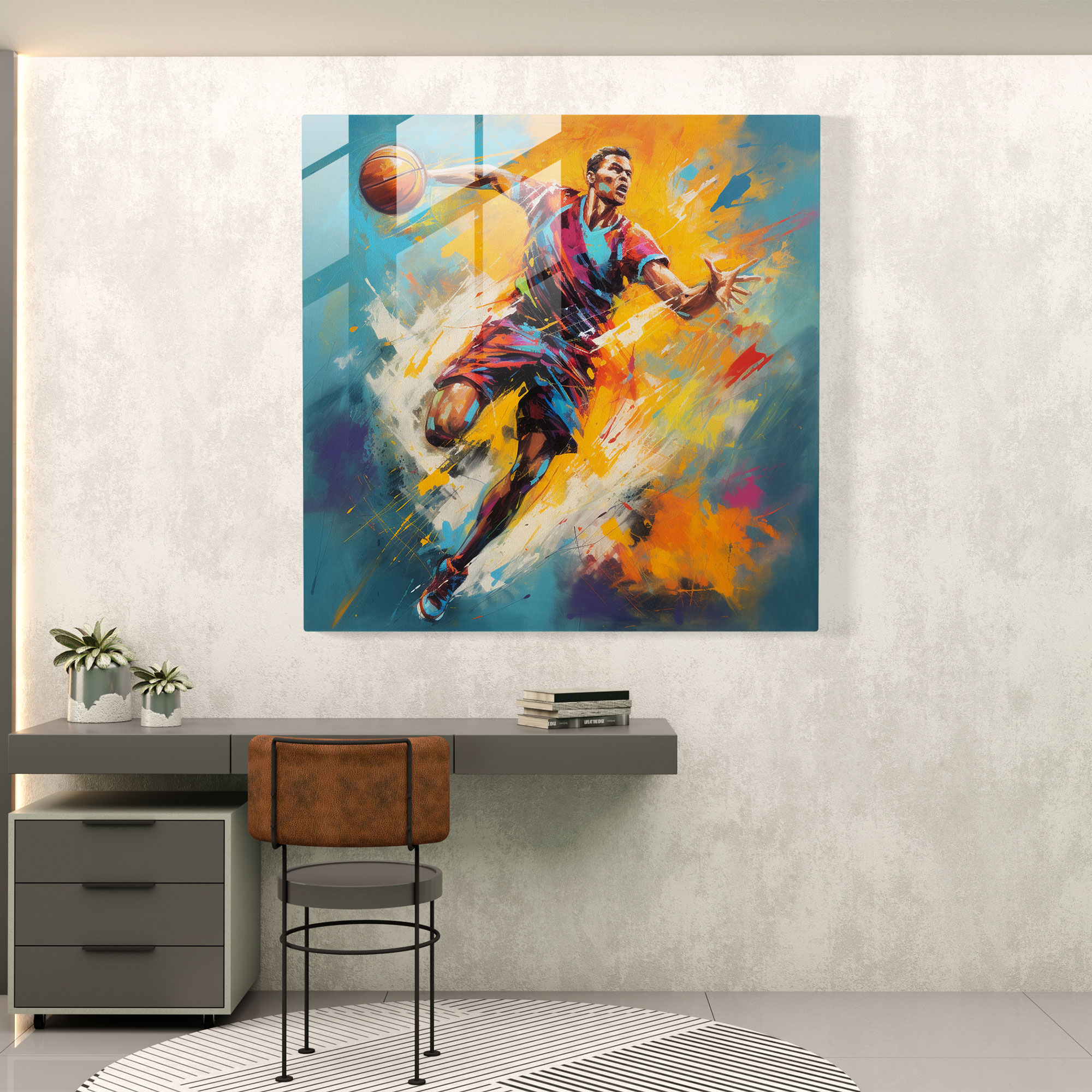 Nba Glass Print - Colorful Abstract Basketball Player - Nba, Abstract Painting, Glass Wall Art, Basketball Player