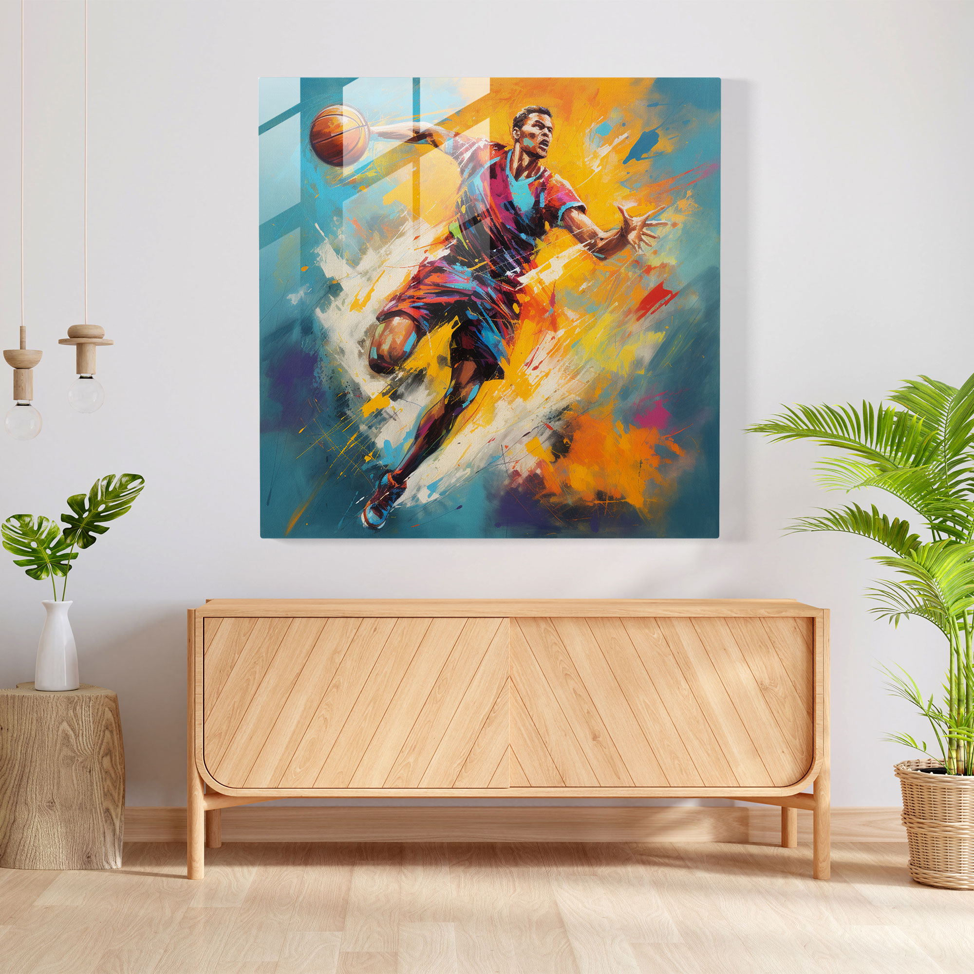 Nba Glass Print - Colorful Abstract Basketball Player - Nba, Abstract Painting, Glass Wall Art, Basketball Player