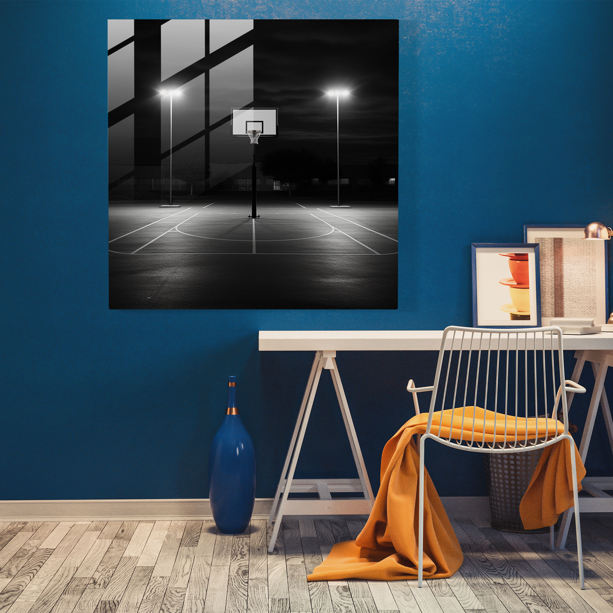 NBA Court Schwarz-Weiß Glasbild - NBA Schwarz-Weiß Fotografie Wohnkultur
