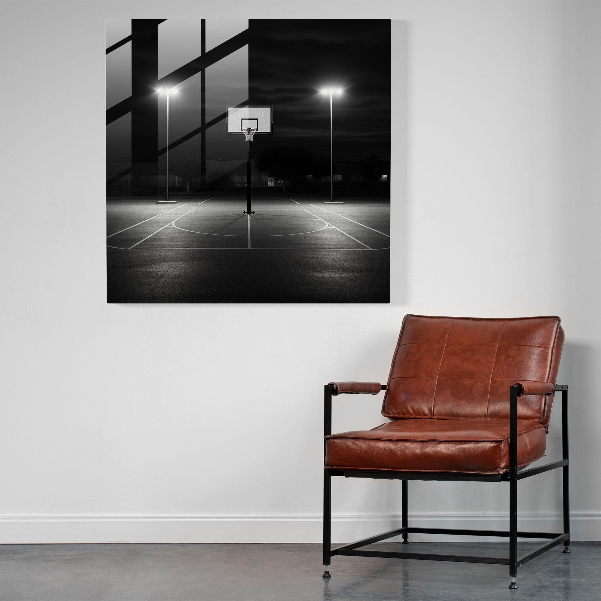 NBA Court Schwarz-Weiß Glasbild - NBA Schwarz-Weiß Fotografie Wohnkultur