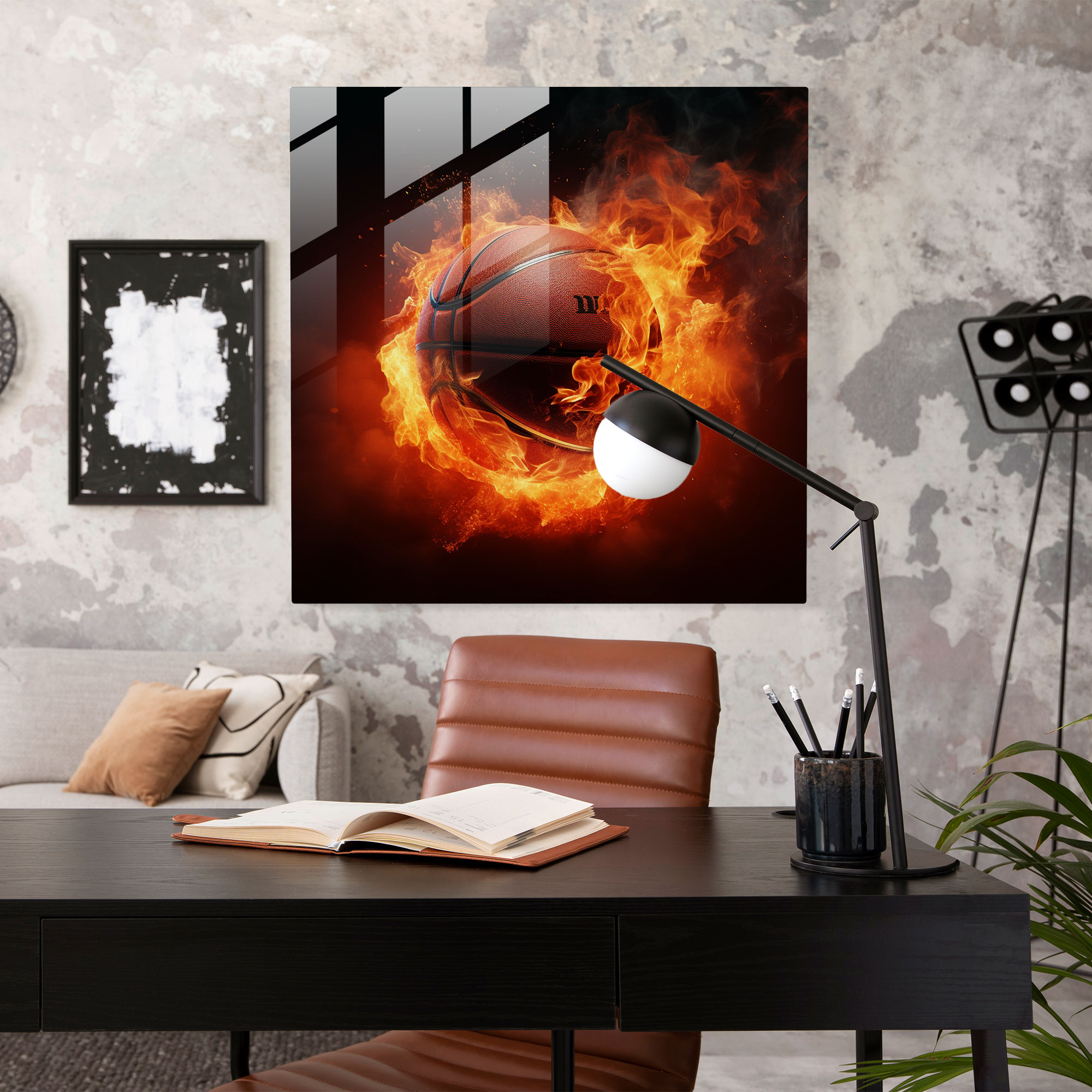 NBA Feuerball Glasbild - Realistische 3D-Rendering Wanddekoration