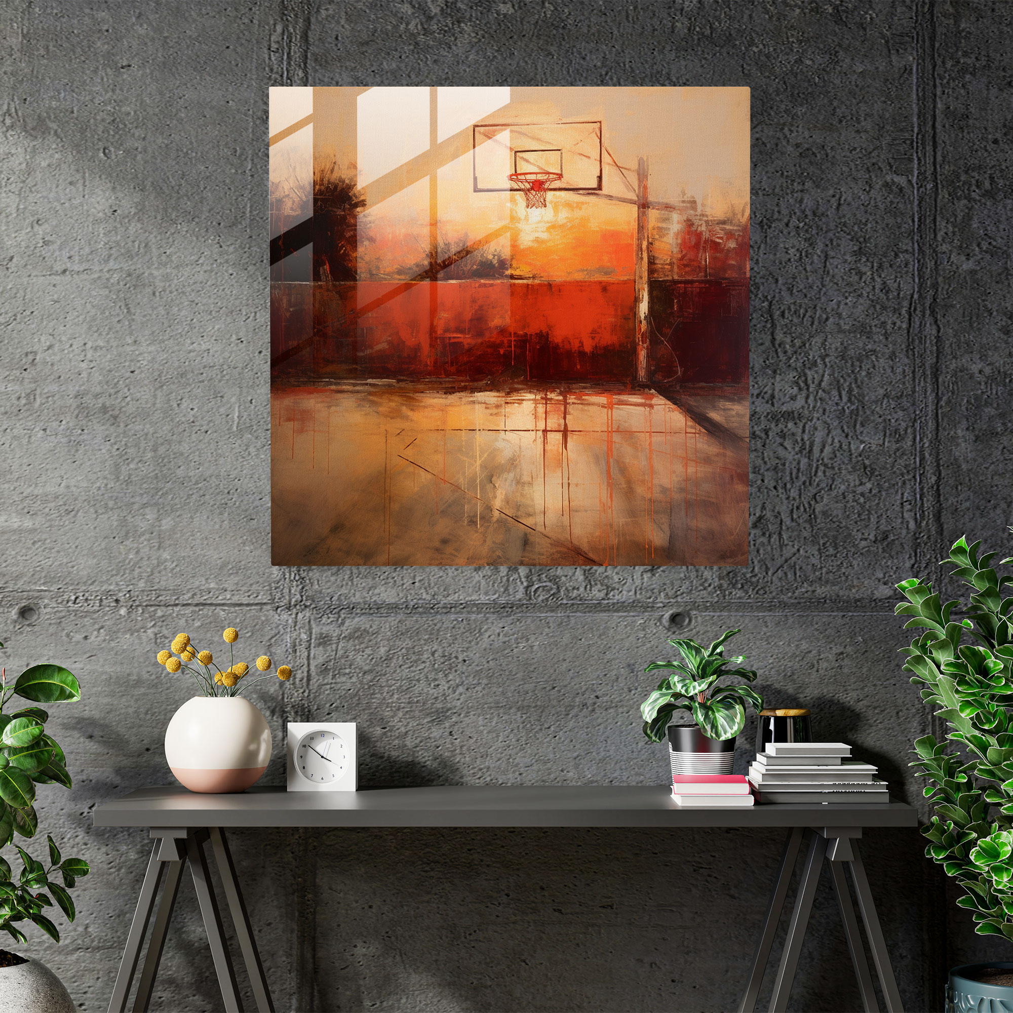 Nba Sunset Oil Painting Glass Print - Nba, Wall Decoration, Home Decoration, Glass Art