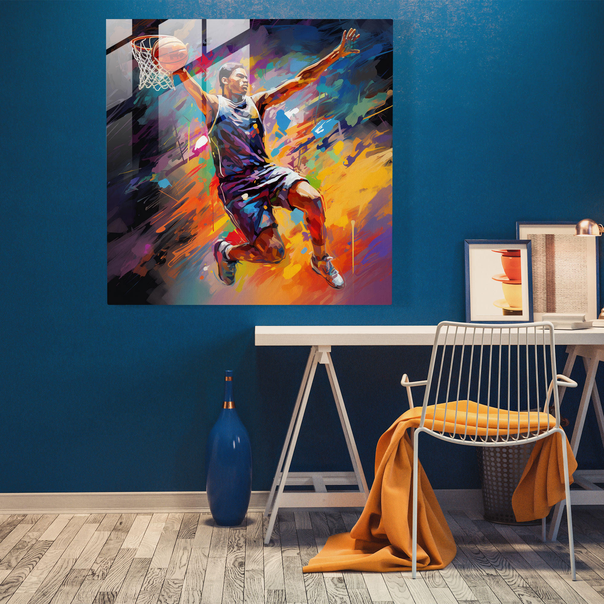 Nba Glass Wall Art - Modern Abstract Basketball Player Dunking - Nba, Modern Art, Vibrant Colors, Basketball