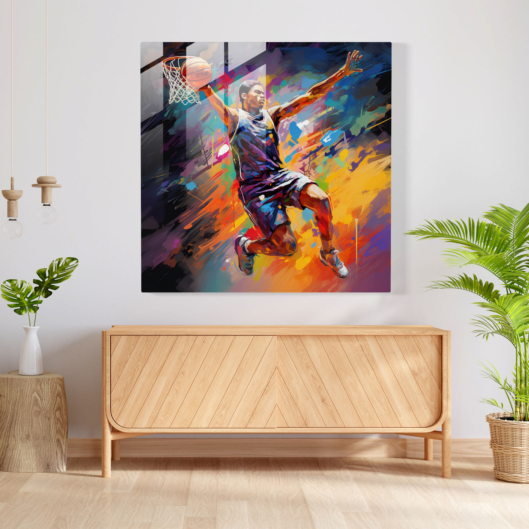 Nba Glass Wall Art - Modern Abstract Basketball Player Dunking - Nba, Modern Art, Vibrant Colors, Basketball