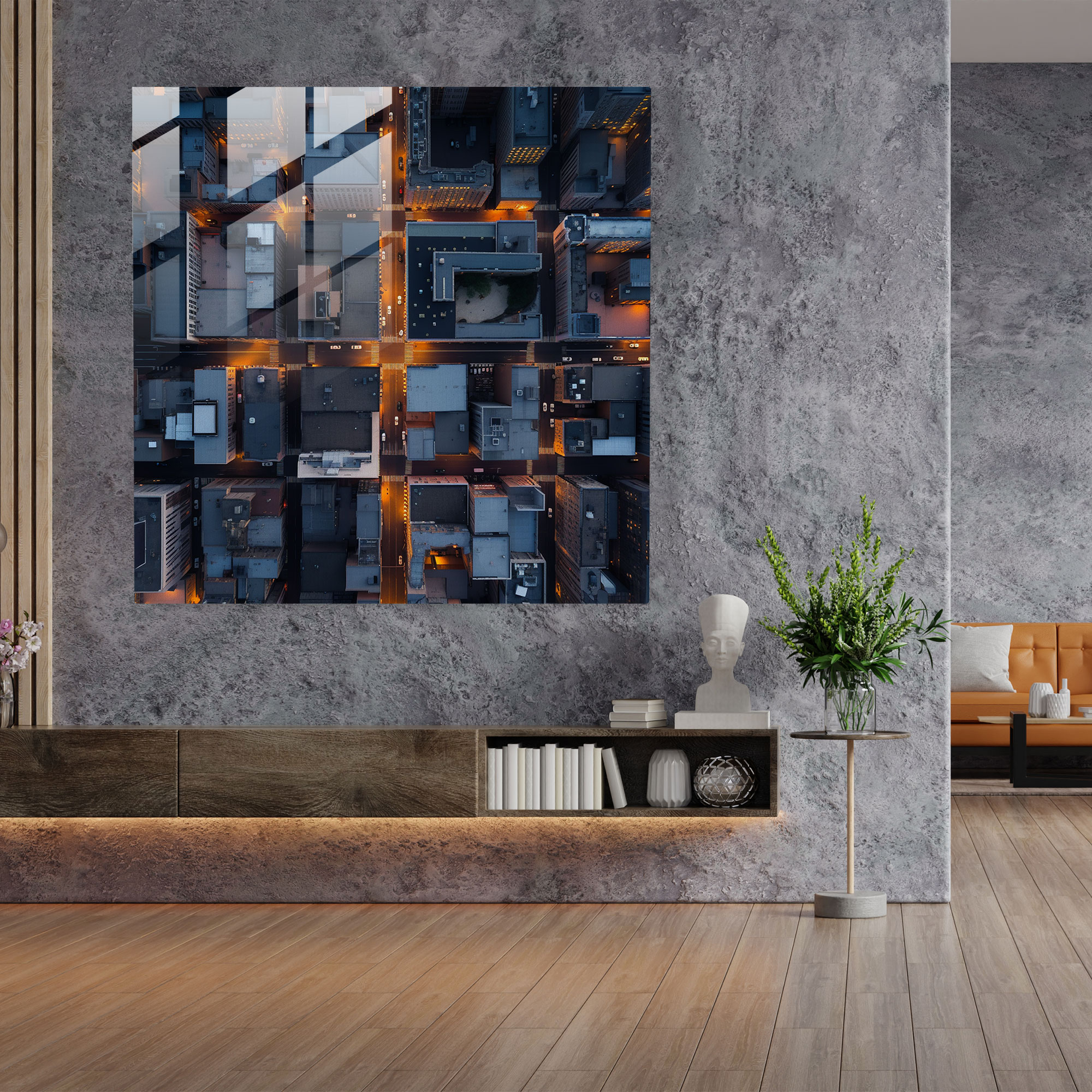 Neutral Glass Print - Dusk Cityscape - Neutral, Minimalist Cityscape, Glass Art, Modern Art