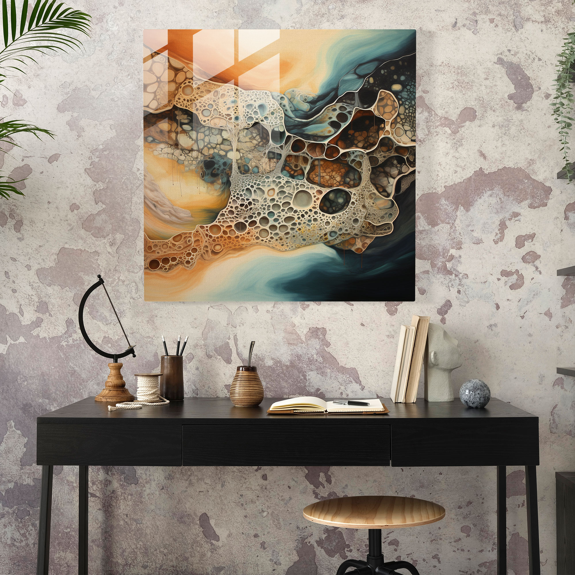 Doğal Unsurlarla Bezeli Nötr Cam Tablo - Nötr Sönük Renkler Modern Sanat