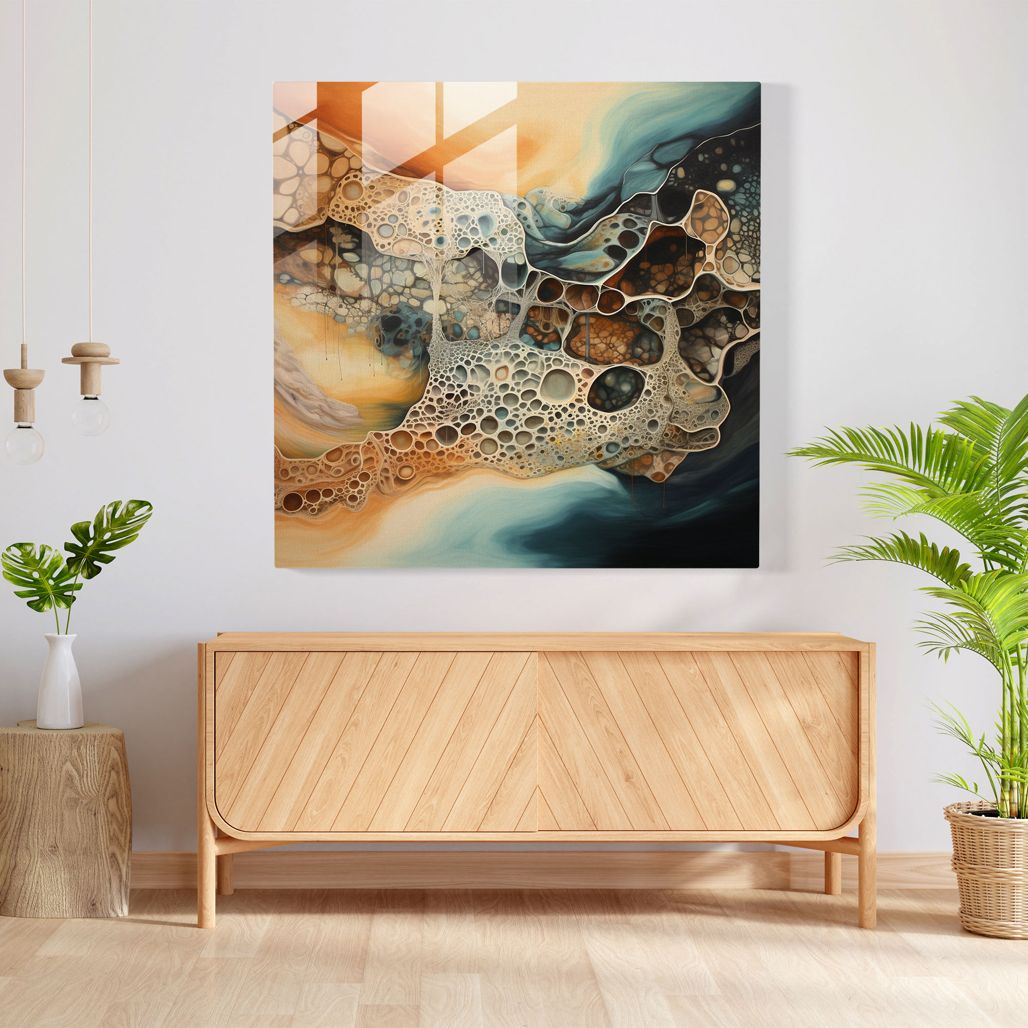 Doğal Unsurlarla Bezeli Nötr Cam Tablo - Nötr Sönük Renkler Modern Sanat
