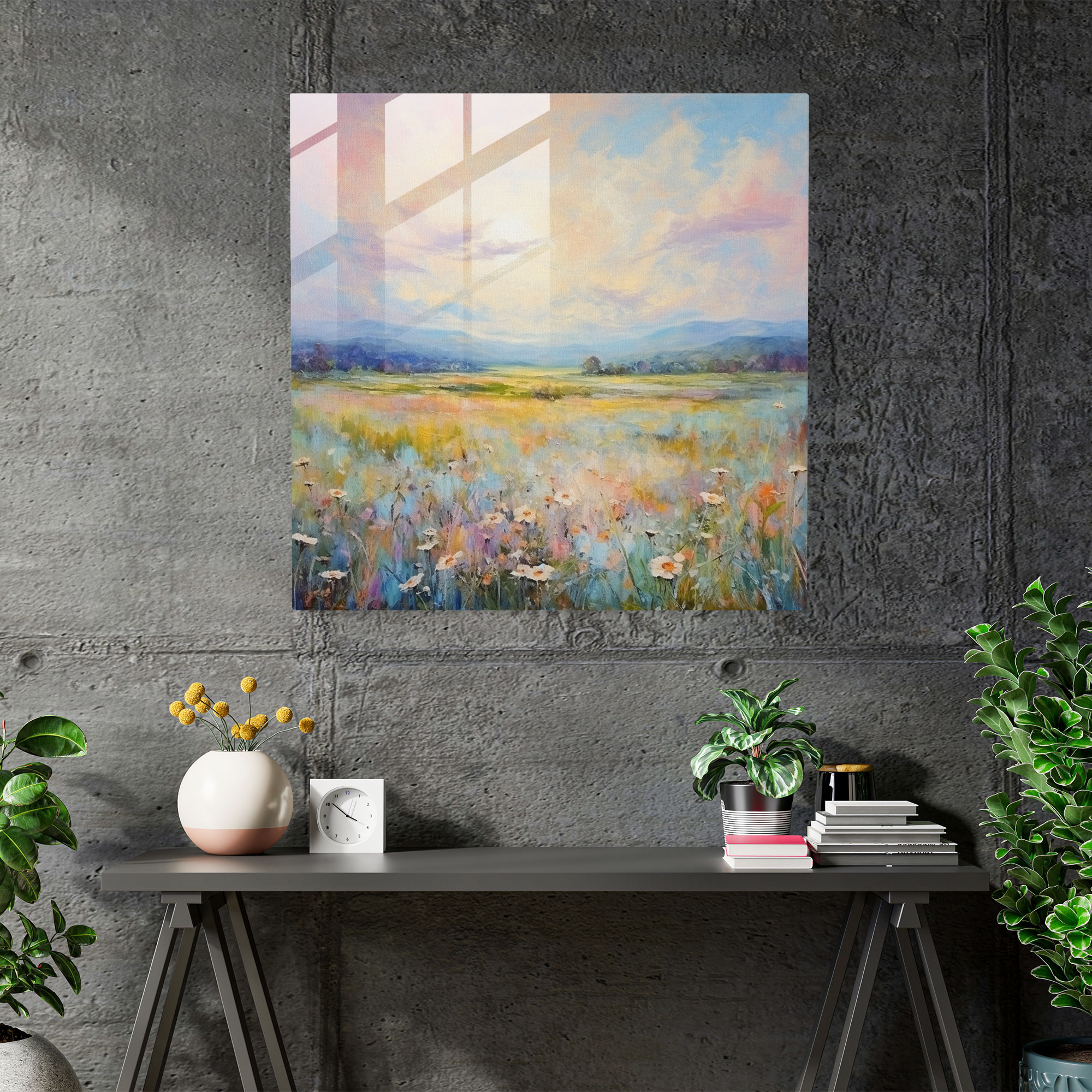 Neutral Landscape Glass Print - Neutral, Home Decoration, Impressionist Landscape, Serene Meadow