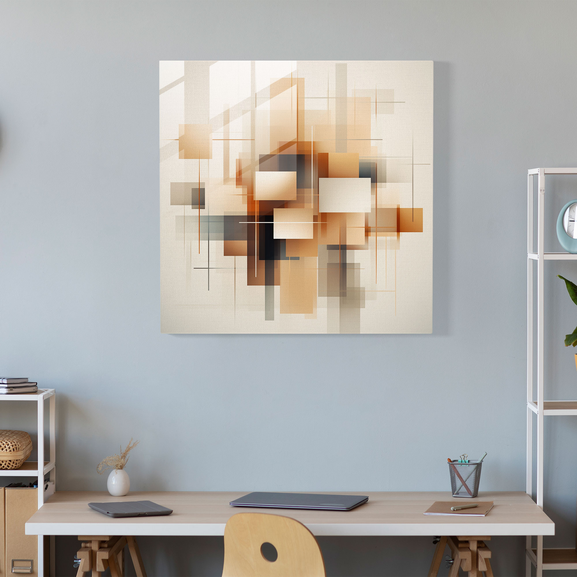 Geometrik Cam Tablo - Nötr Modern Sanat Duvar Dekorasyonu