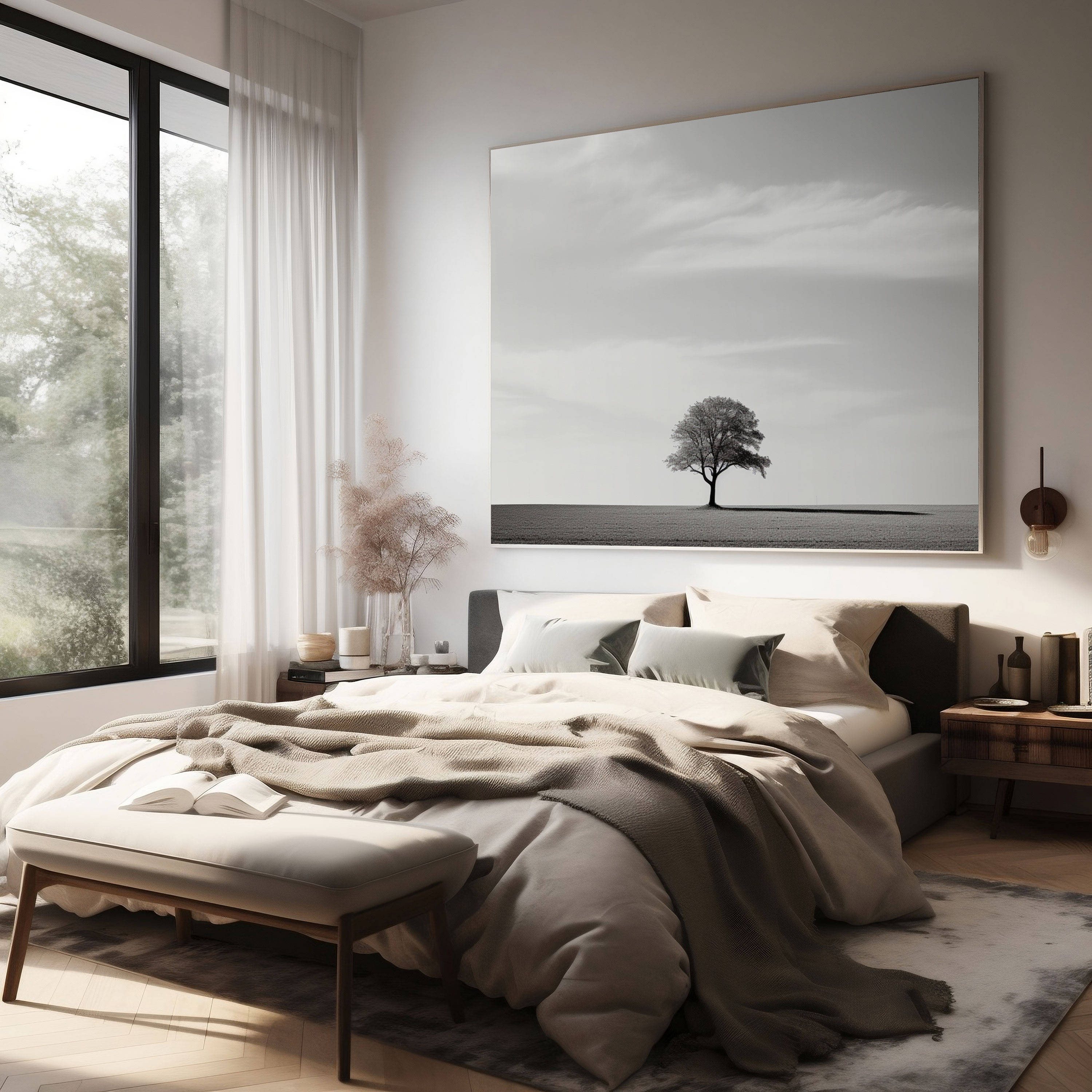 Doğal Minimalist Duvar Sanatı - Nötr Kanvas Yalnız Ağaç Açık Alan