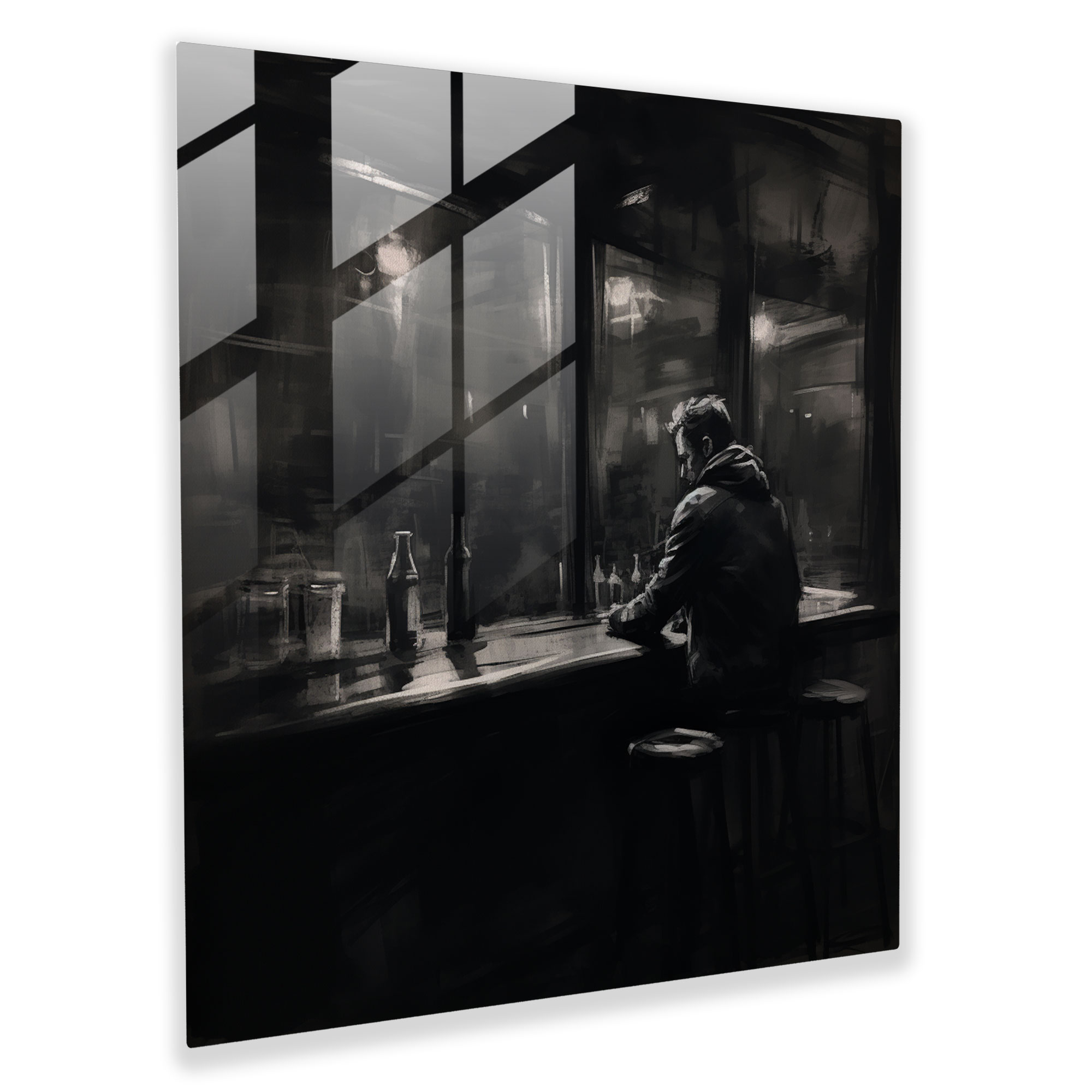 Nighthawks Cam Tablo - Sessiz Bir Figür Kısık Işıklı Bir Barda - Gece Kuşları Karakalem Çizim Cam Tablo Cam Duvar Sanatı