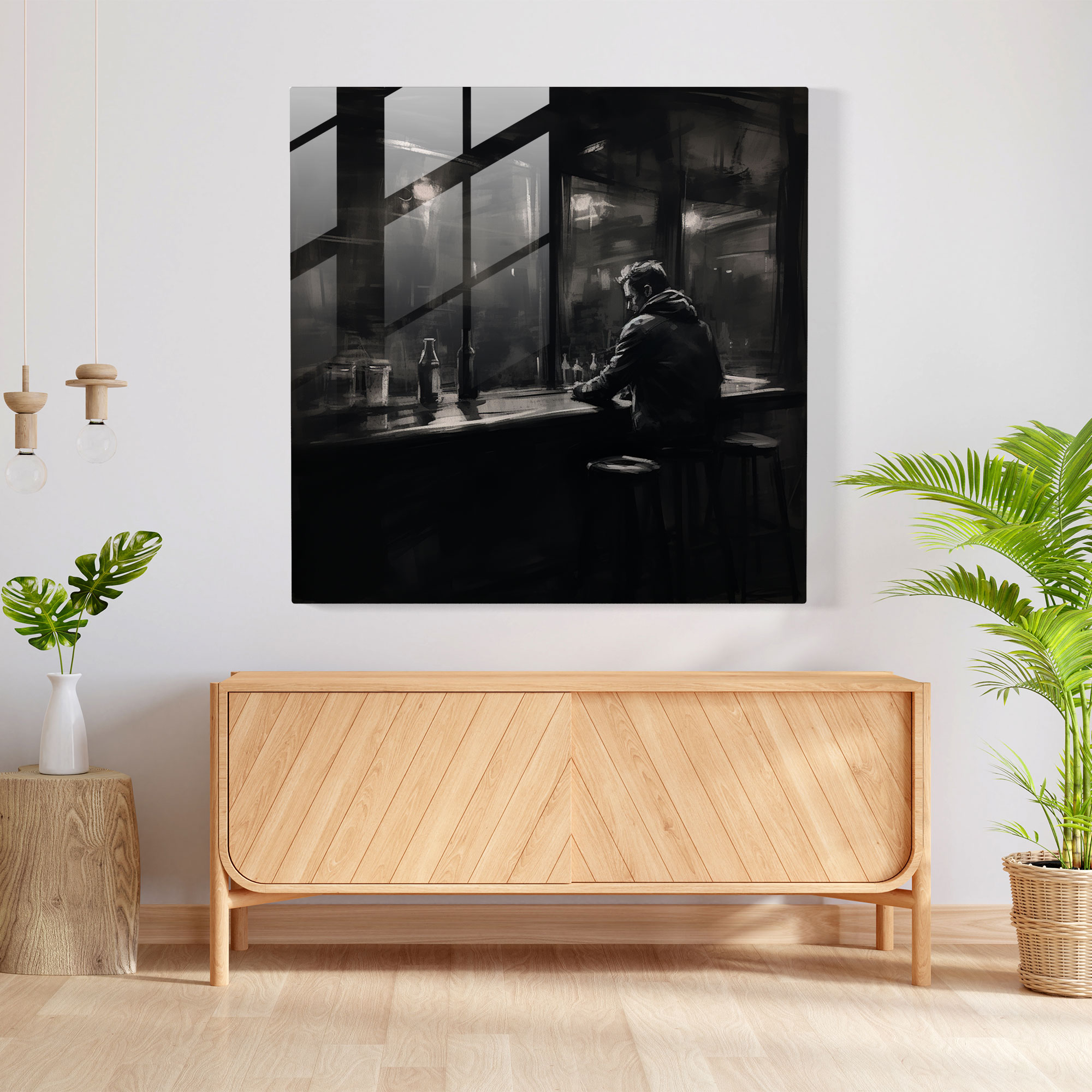 Nighthawks Cam Tablo - Sessiz Bir Figür Kısık Işıklı Bir Barda - Gece Kuşları Karakalem Çizim Cam Tablo Cam Duvar Sanatı