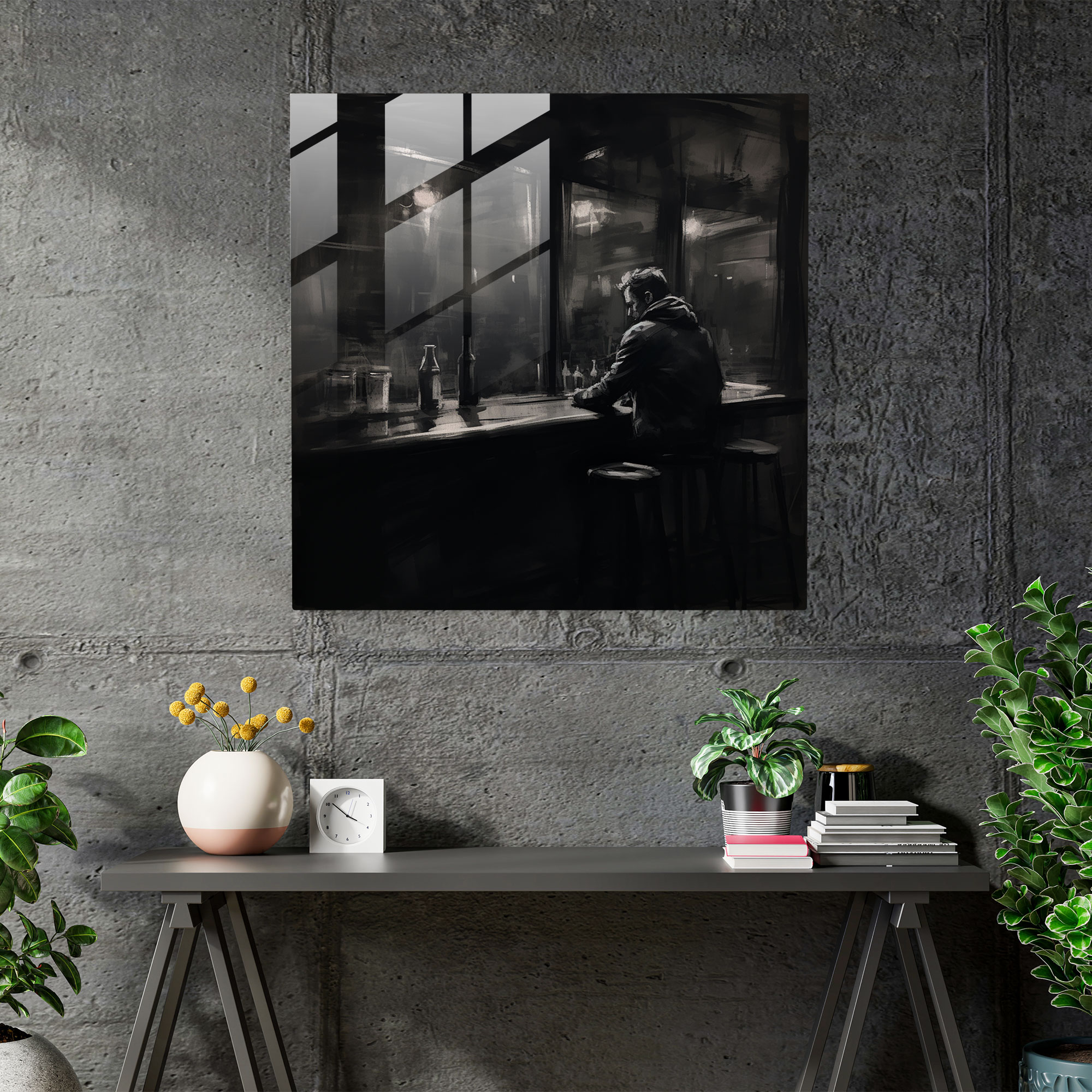 Nighthawks Cam Tablo - Sessiz Bir Figür Kısık Işıklı Bir Barda - Gece Kuşları Karakalem Çizim Cam Tablo Cam Duvar Sanatı