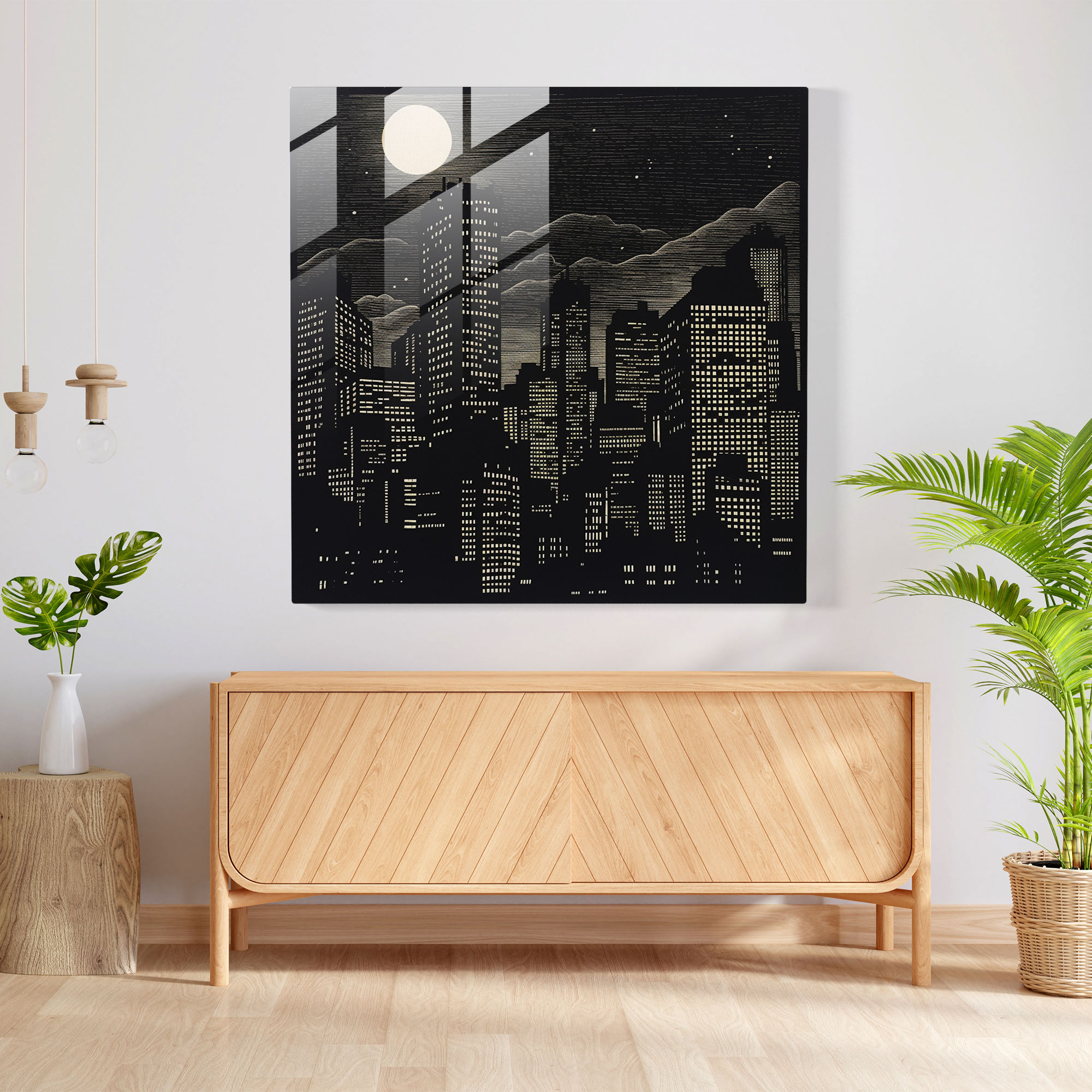 Geceyarısı Şehir Manzarası Cam Tablo - Minimalist Gece Kent Manzarası - Ev Dekorasyonu