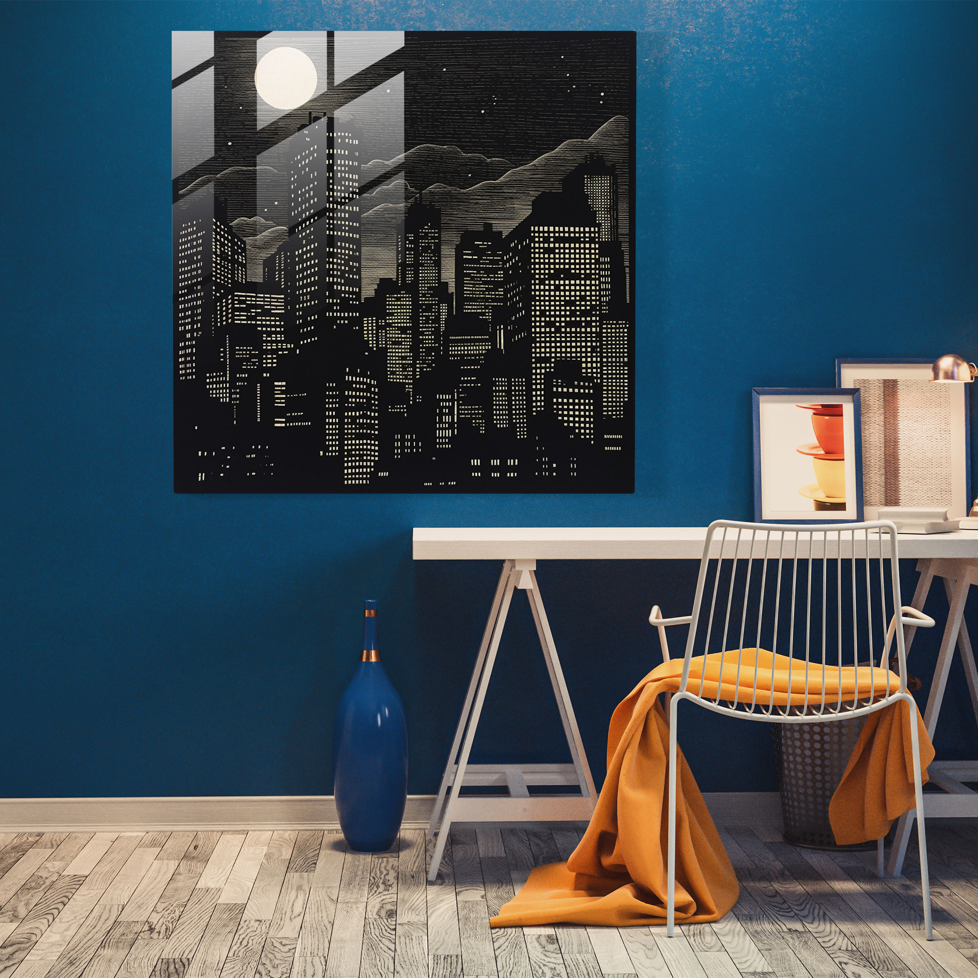 Geceyarısı Şehir Manzarası Cam Tablo - Minimalist Gece Kent Manzarası - Ev Dekorasyonu