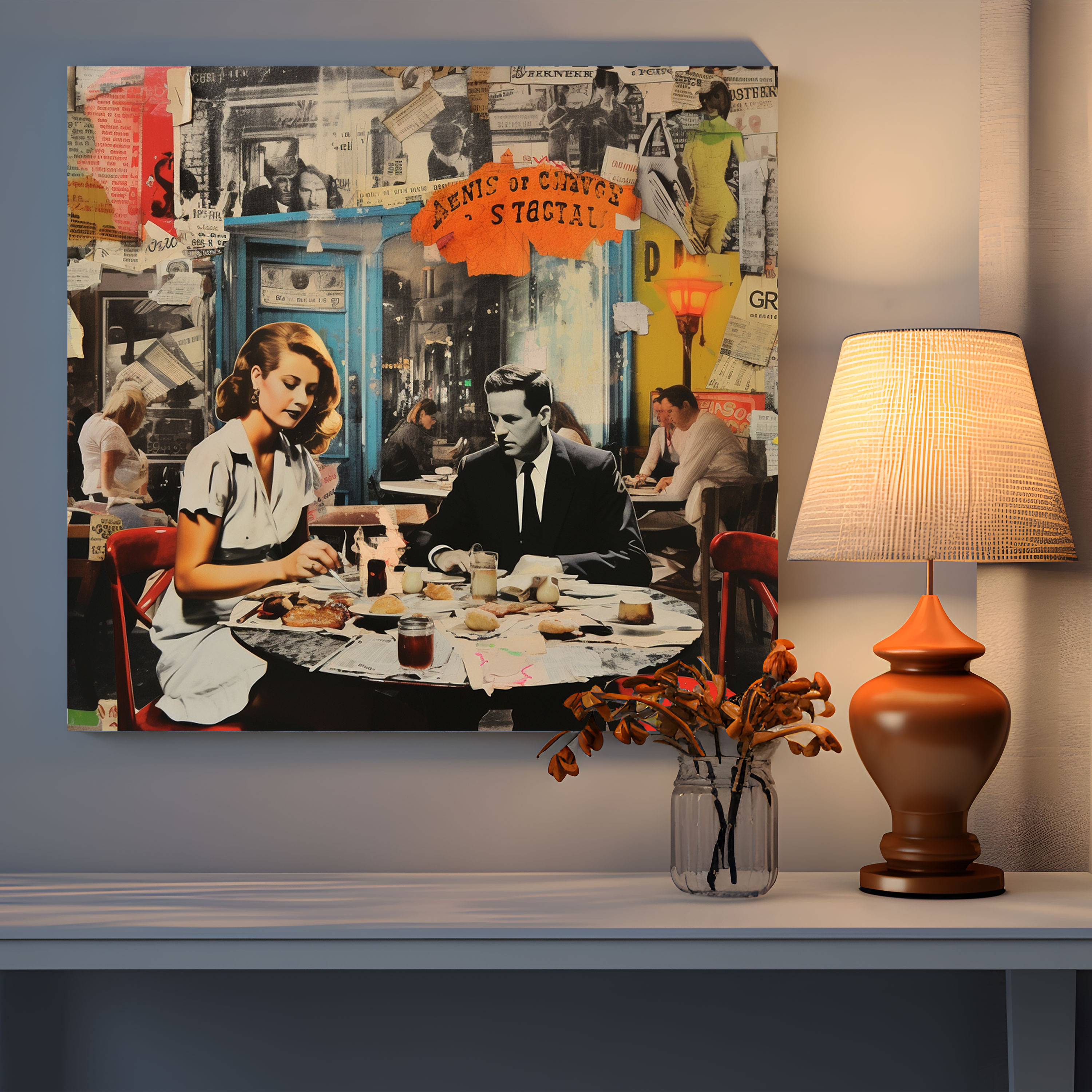 Nighthawks Mixed Media Canvas Print - Nighthawks, Canvas, Home Decoration, Dinners From Different Eras
