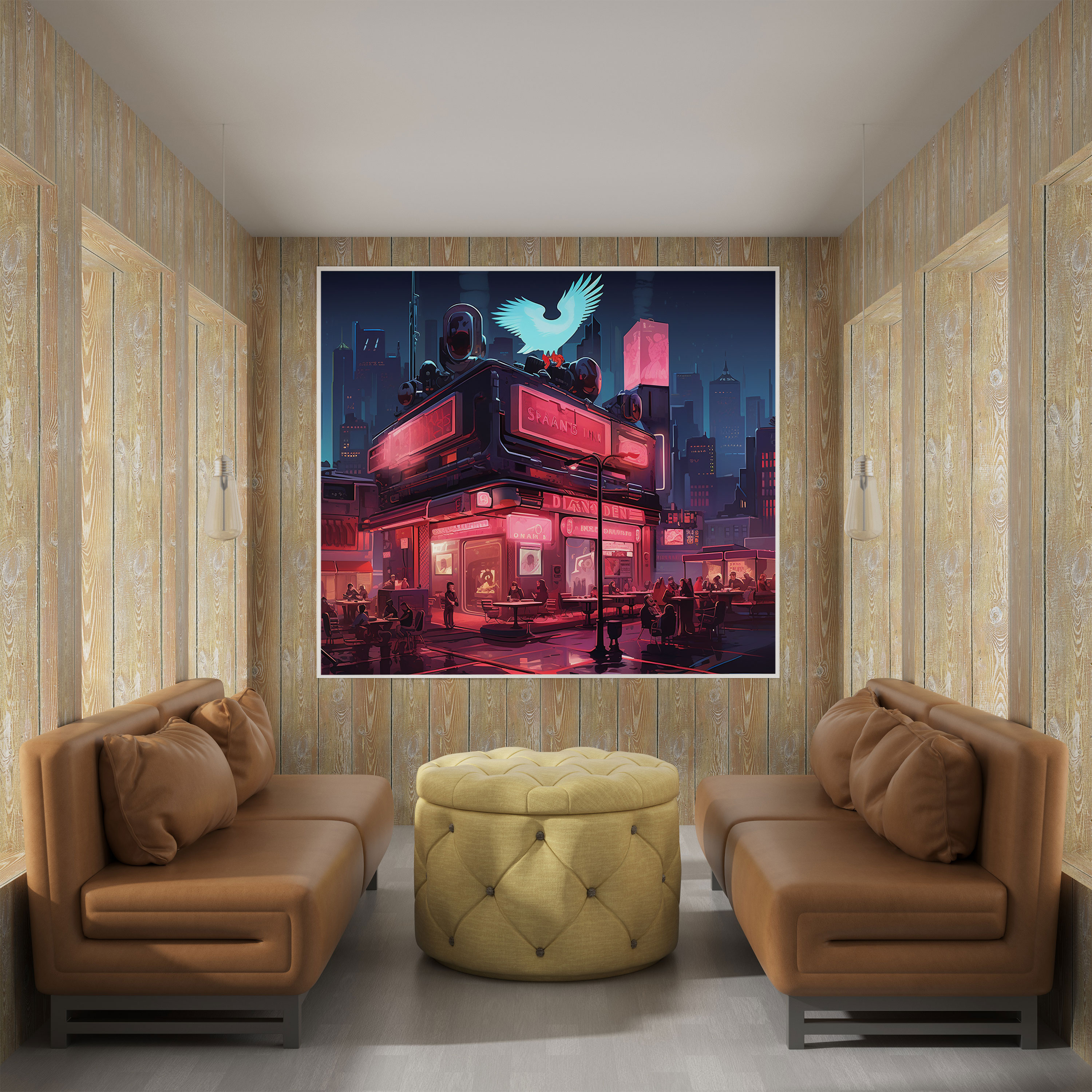 Nighthawks Gelecekçi Kanvas Tablo - Macera Neon Işıklı Kent Manzarası