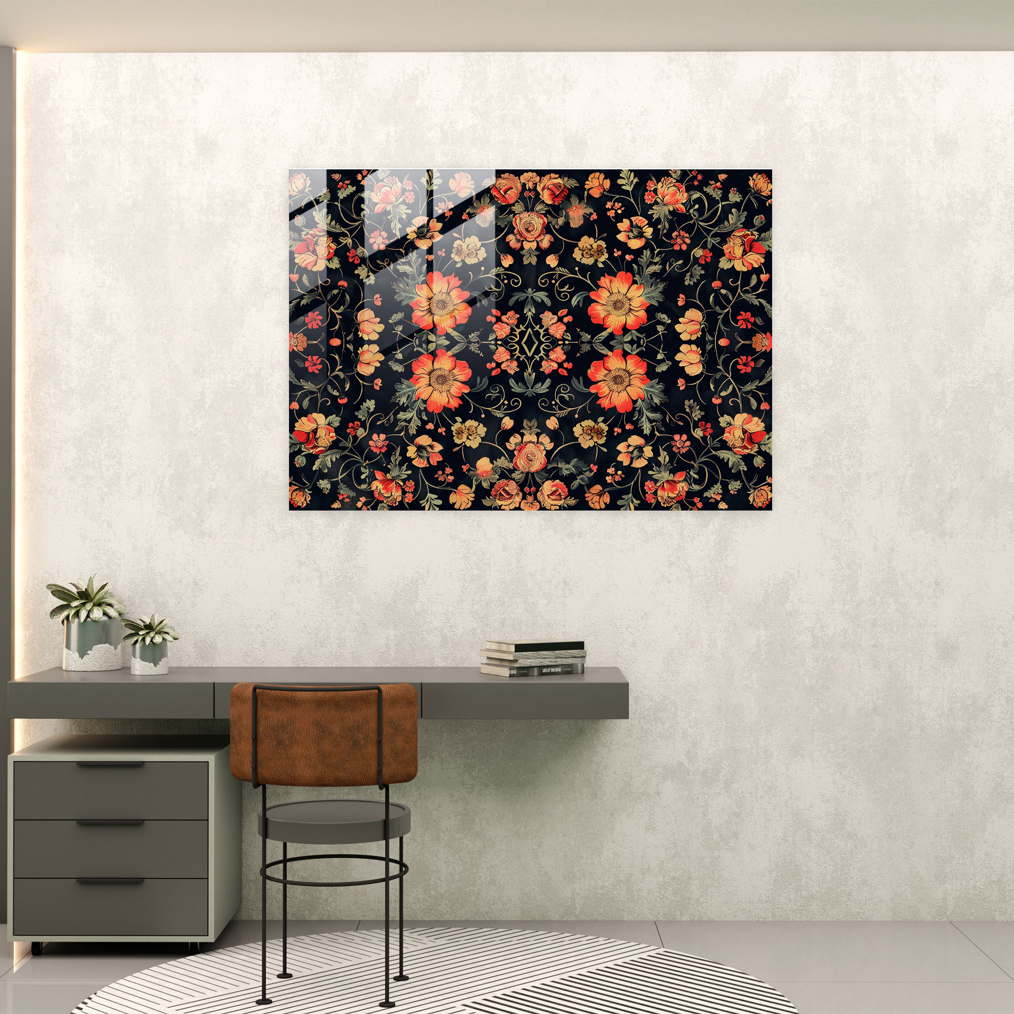 Neoklasizm Modern Sanat: Simetrik Desende Detaylı Çiçek Motifleri - Neoklasizm Cam Tablo Ev Dekorasyonu Duvar Dekorasyonu