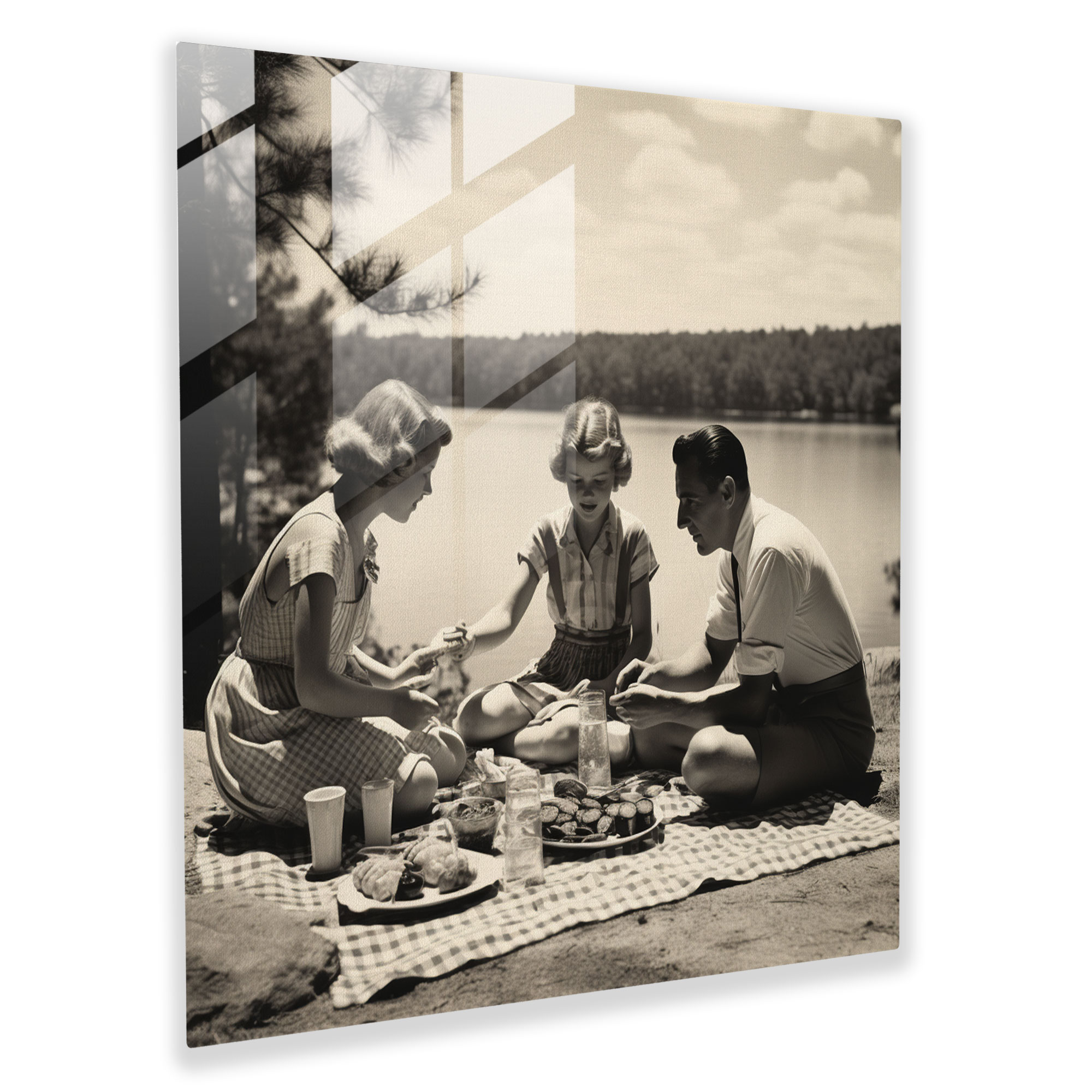 Nostalgia Family Picnic Glass Print - Nostalgia, Glass Wall Art, Wall Decoration, Family Picnic