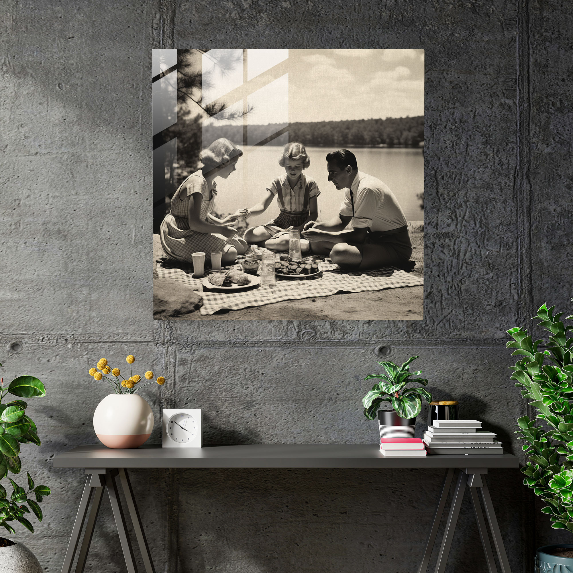 Nostalgia Family Picnic Glass Print - Nostalgia, Glass Wall Art, Wall Decoration, Family Picnic