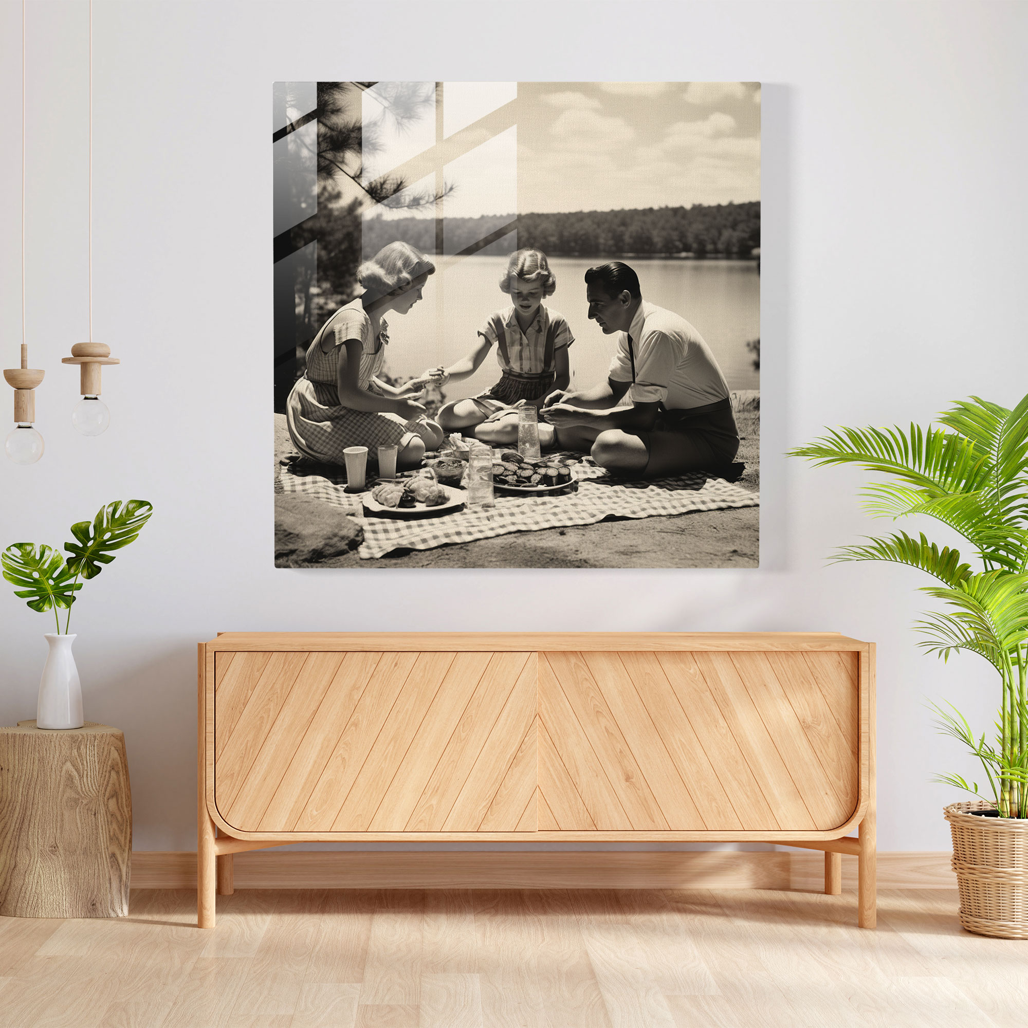 Nostalgia Family Picnic Glass Print - Nostalgia, Glass Wall Art, Wall Decoration, Family Picnic