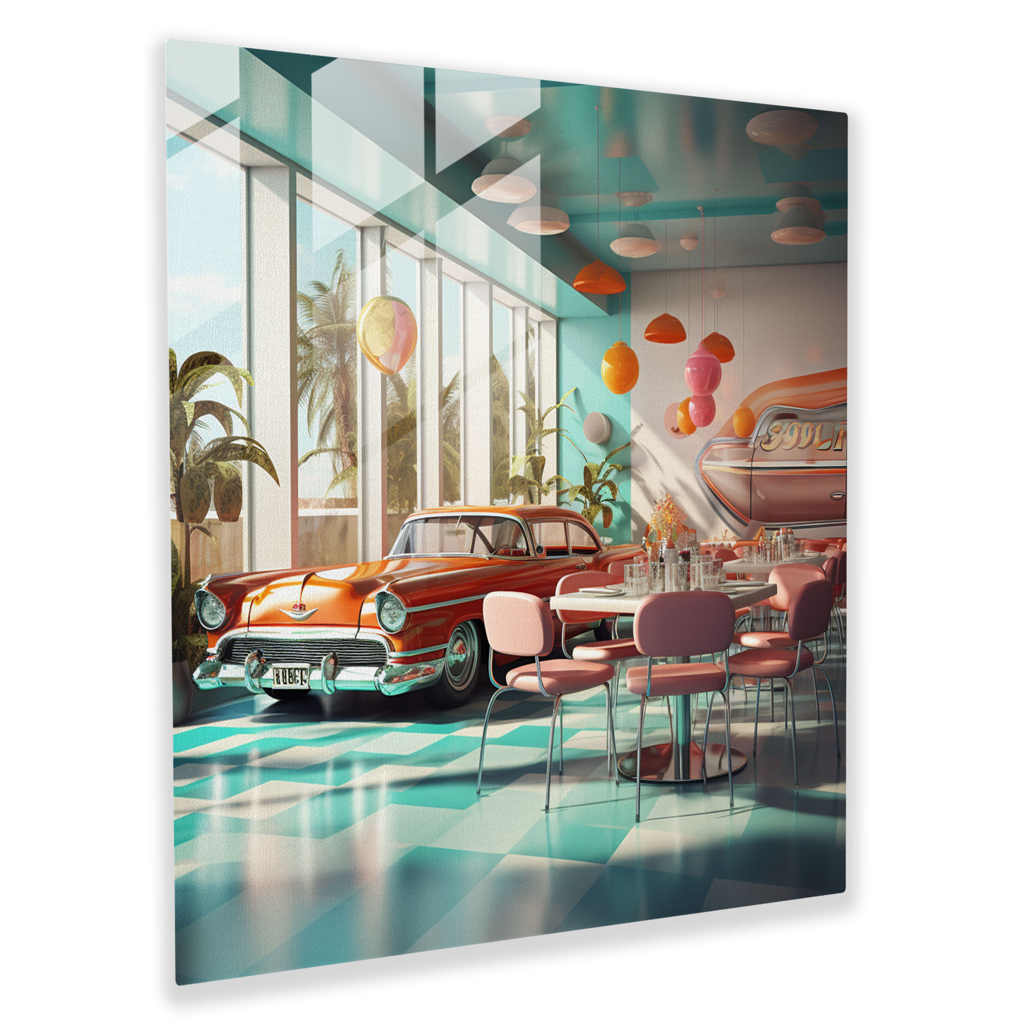 Nostaljik Diner Cam Tablosu - Nostalji Retro Diner Duvar Dekorasyonu Canlı Renkler