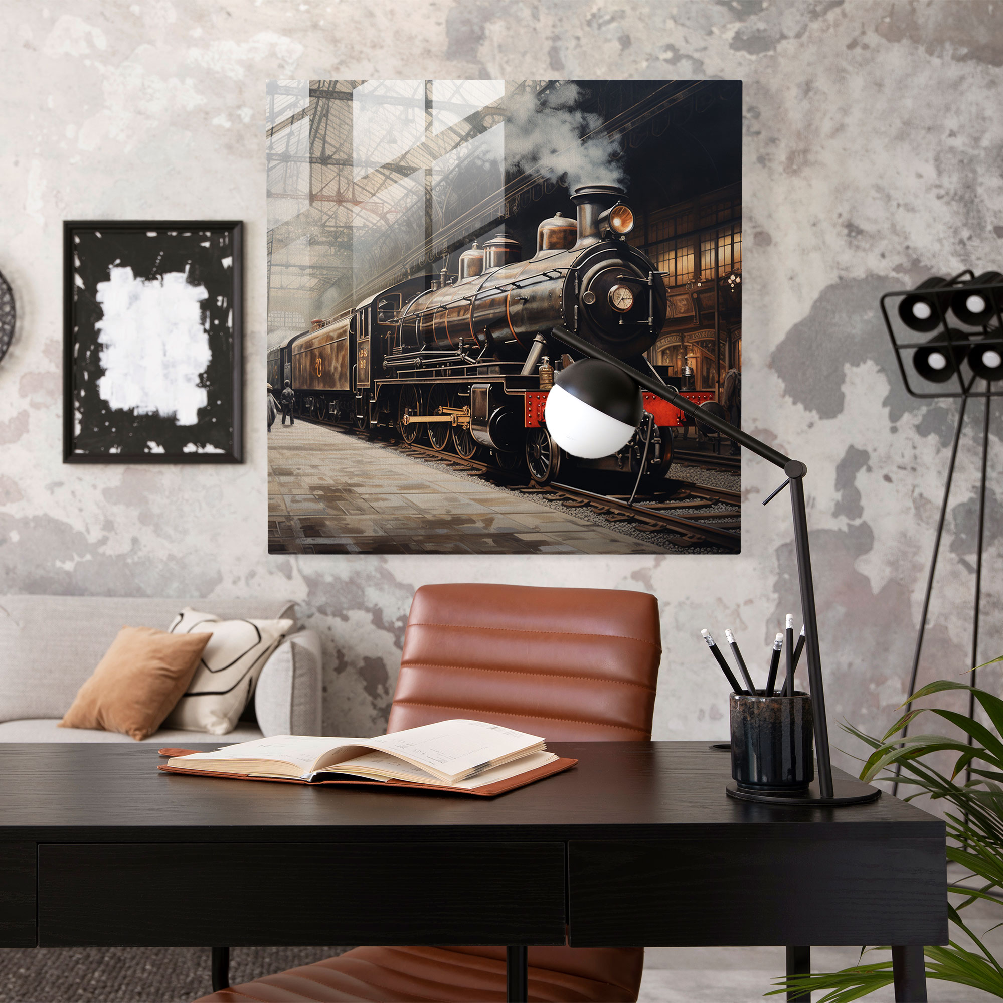 Nostaljik Tren İstasyonu Cam Tablosu - Nostalji Cam Duvar Sanatı Ev Dekorasyonu Eski Tren İstasyonu
