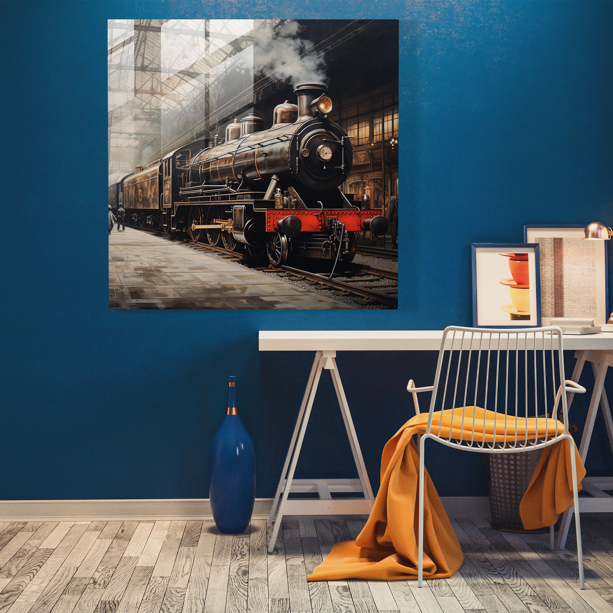 Nostaljik Tren İstasyonu Cam Tablosu - Nostalji Cam Duvar Sanatı Ev Dekorasyonu Eski Tren İstasyonu