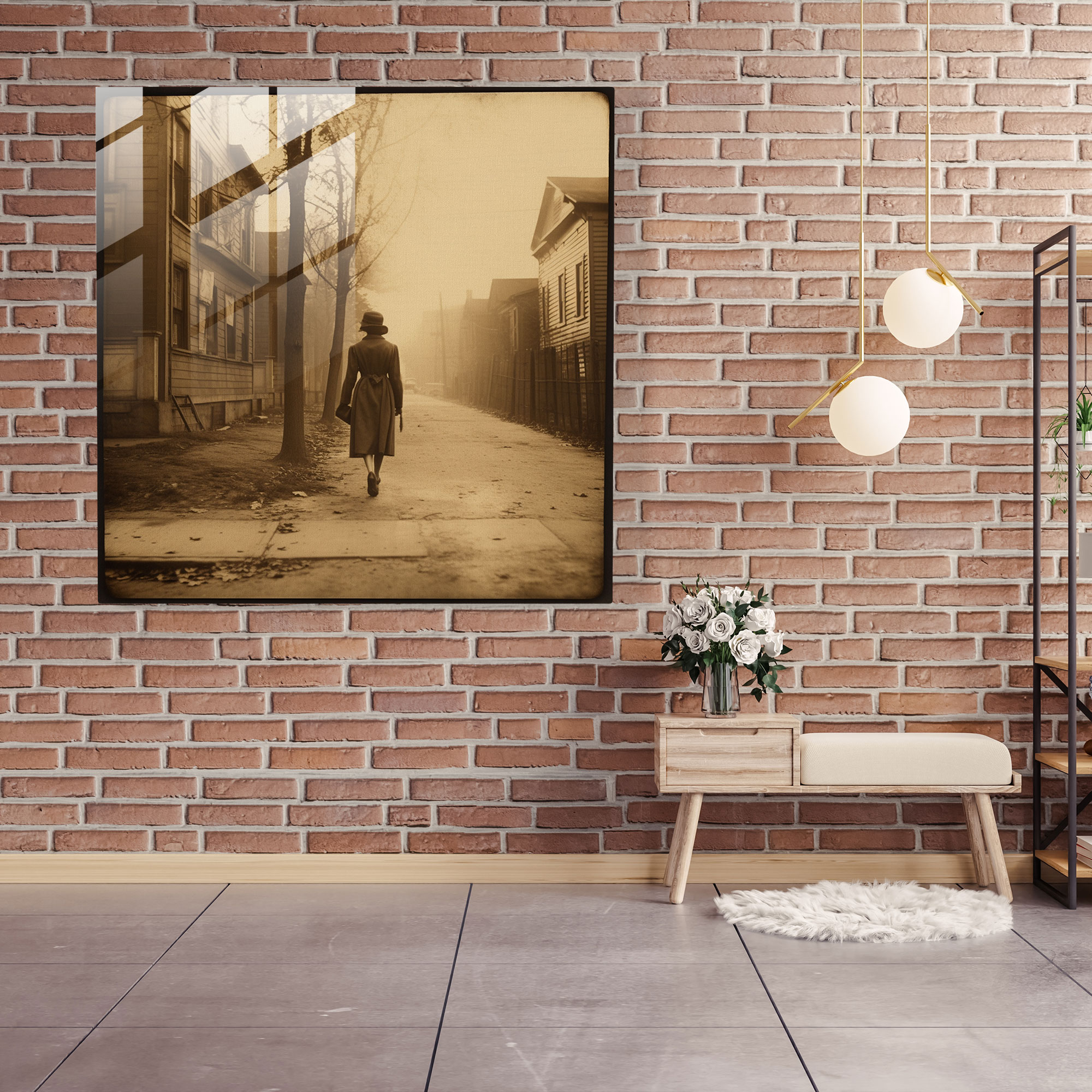 Nostalgic Glass Print - Vintage Woman Walking - Nostalgia, Street, Sepia, Glass Print