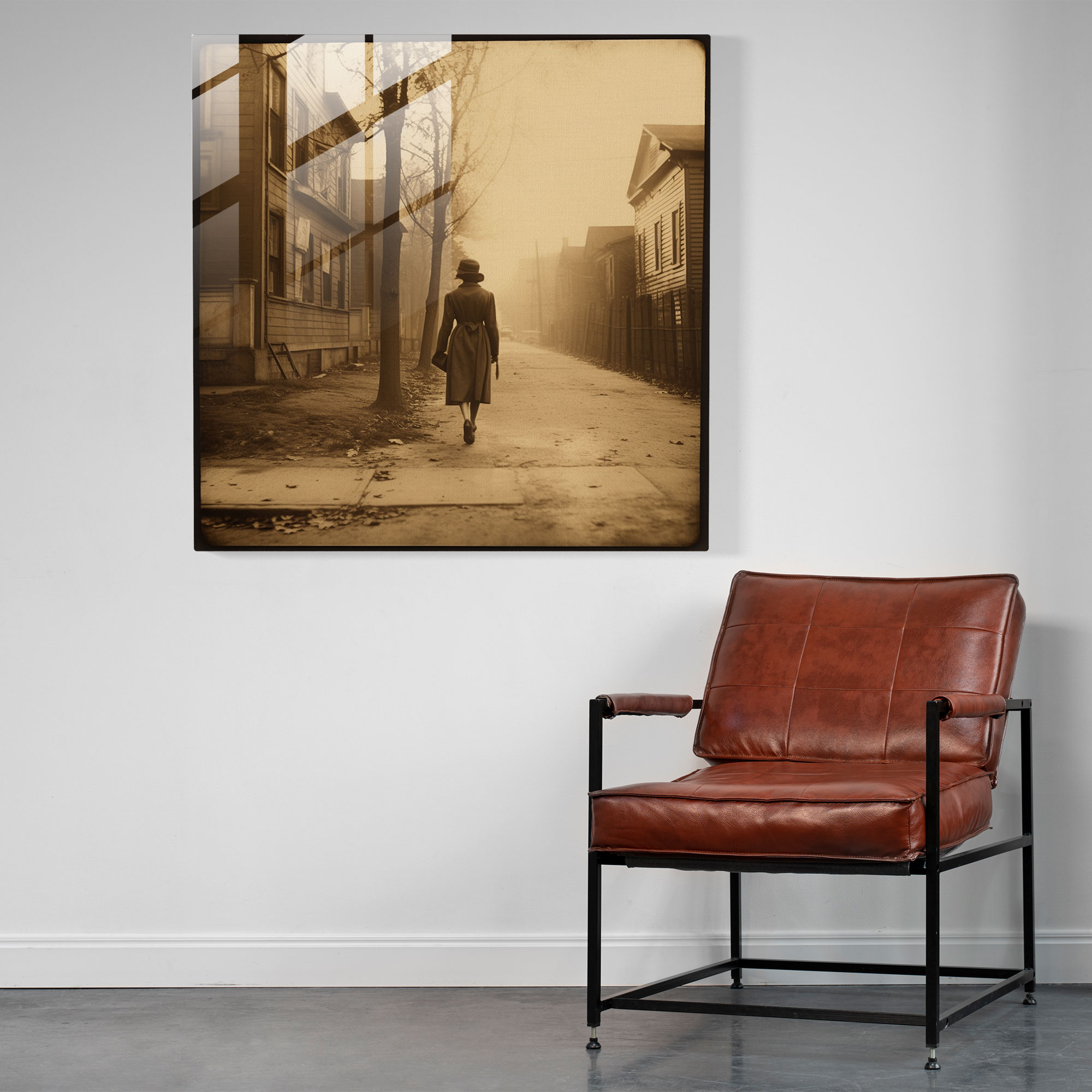 Nostalgic Glass Print - Vintage Woman Walking - Nostalgia, Street, Sepia, Glass Print