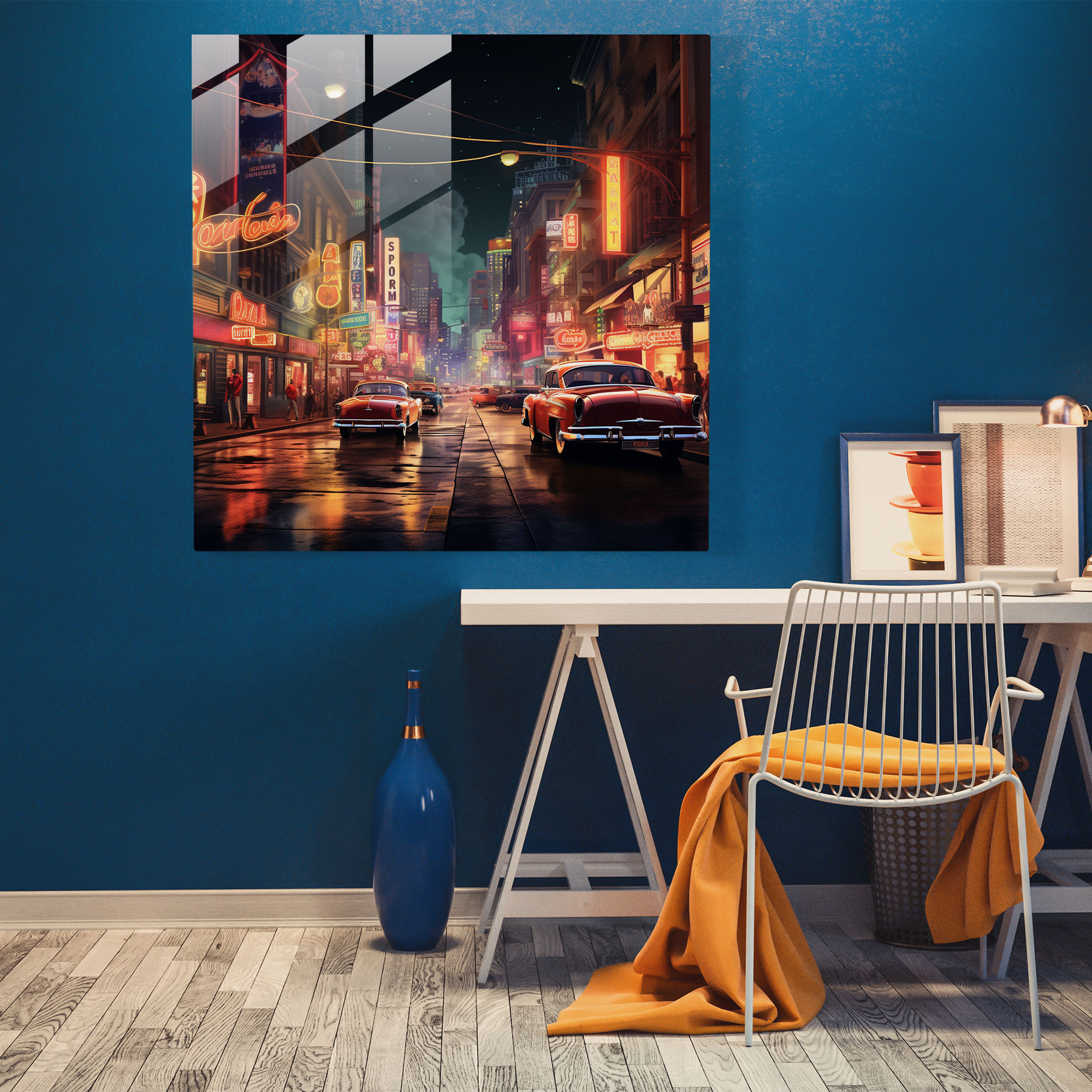 Neon Energy Glass Print - Retro City Street - Nostalgia, Glass Wall Art, Energy, Home Decoration