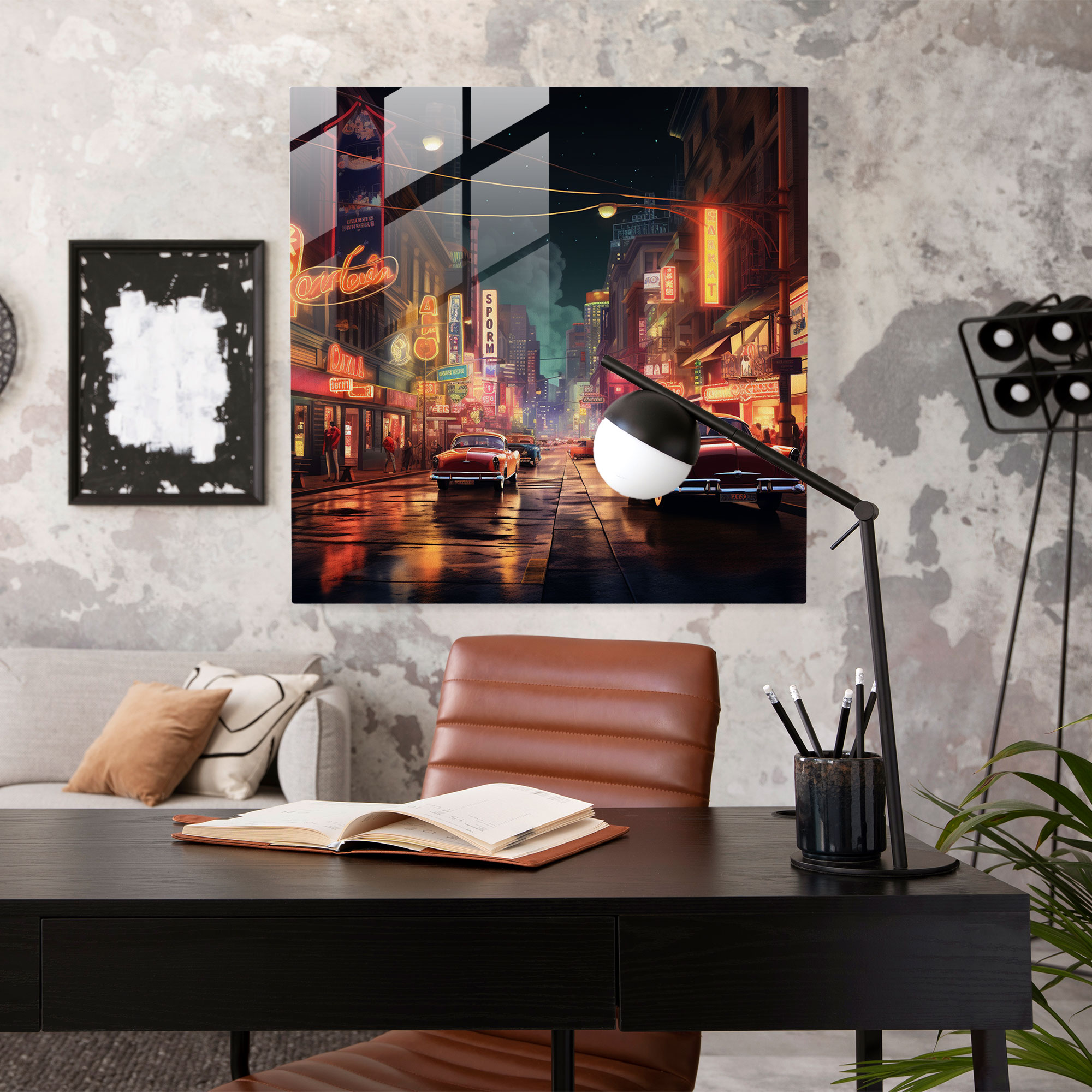 Neon Energy Glass Print - Retro City Street - Nostalgia, Glass Wall Art, Energy, Home Decoration