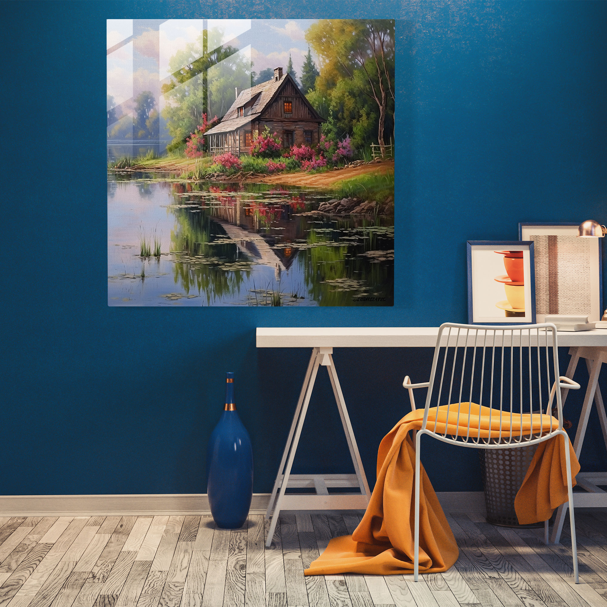 Tranquil Cottage Glass Print - Lakeside Scene - Nostalgia, Tranquility, Glass Print, Glass Art