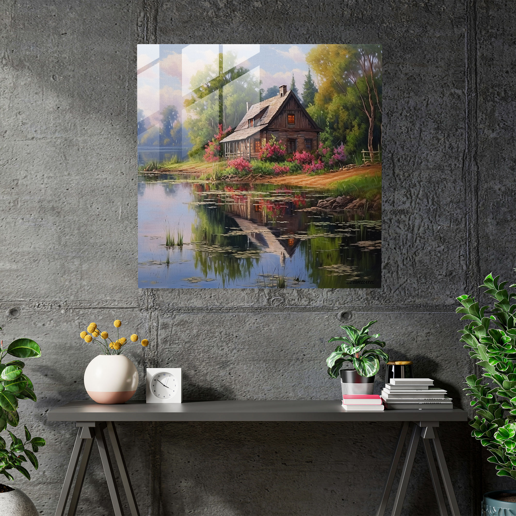 Tranquil Cottage Glass Print - Lakeside Scene - Nostalgia, Tranquility, Glass Print, Glass Art