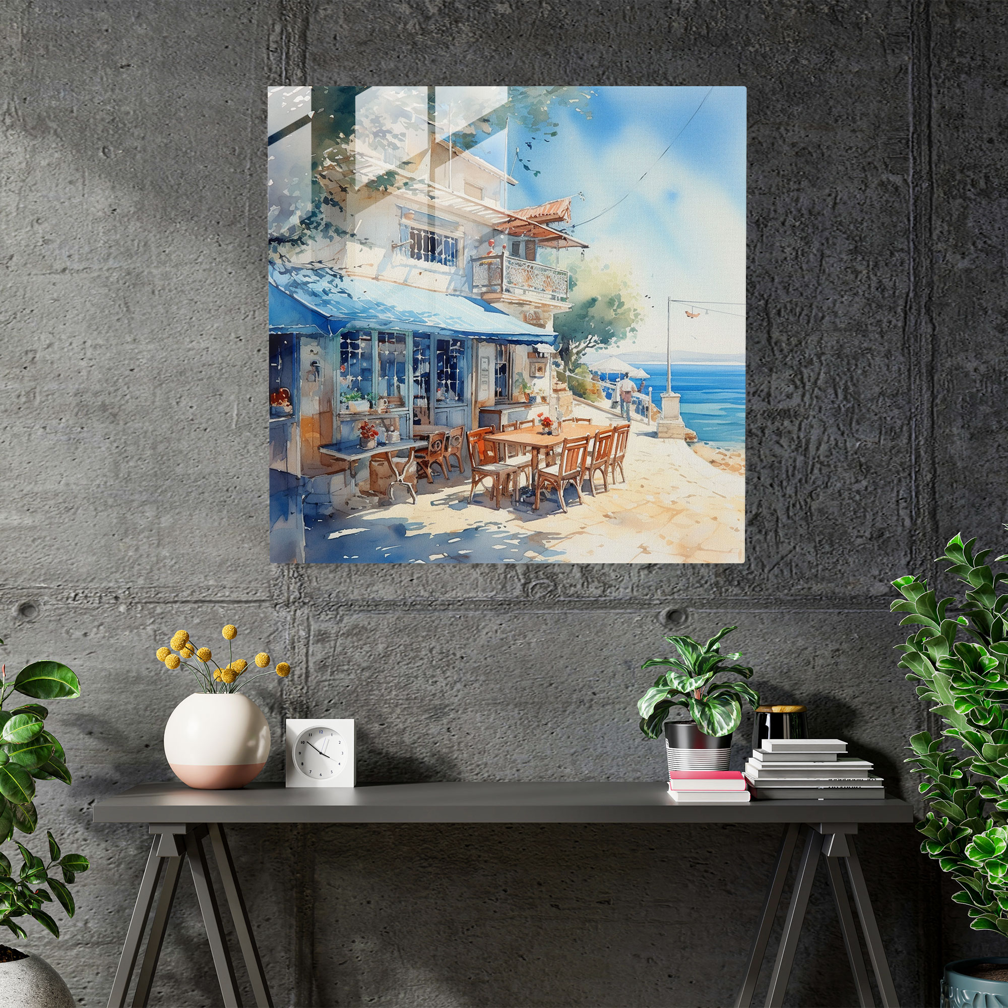 Deniz Kenarı Romantik Cam Tablo - Suluboya Kafe - Nostalji Cam Sanatı Modern Sanat Duygular