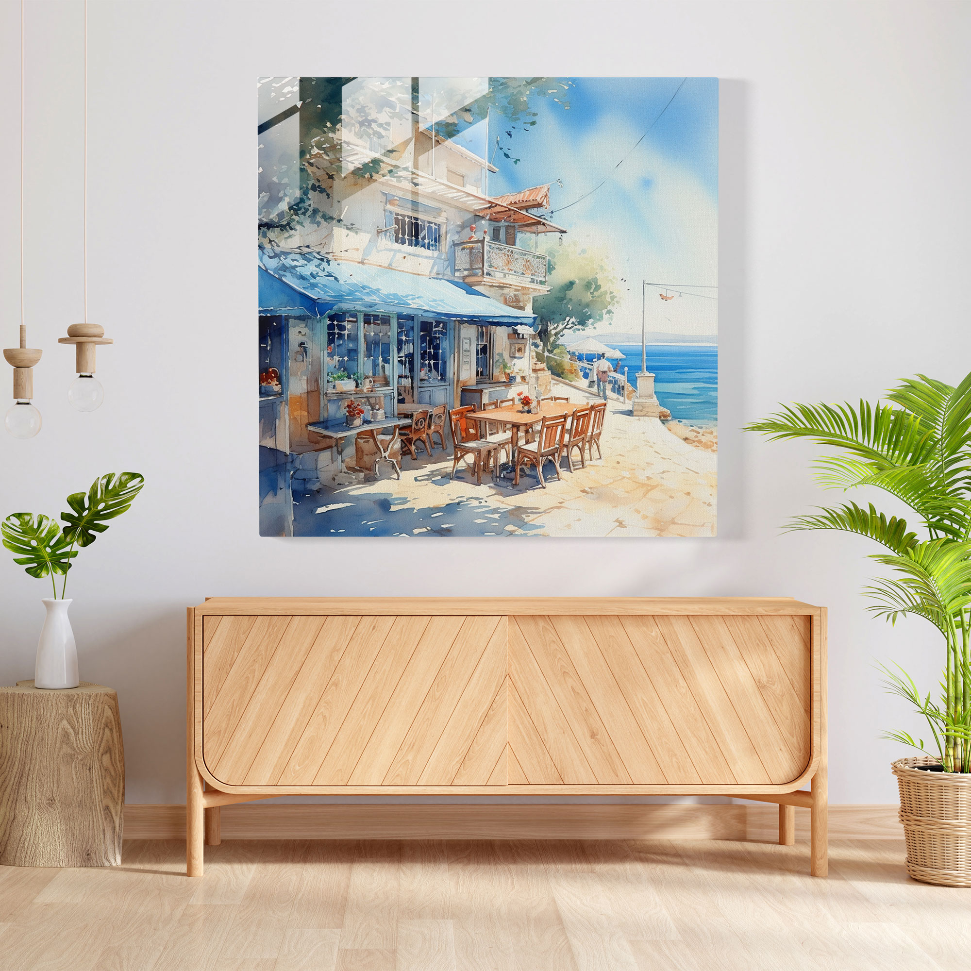 Deniz Kenarı Romantik Cam Tablo - Suluboya Kafe - Nostalji Cam Sanatı Modern Sanat Duygular