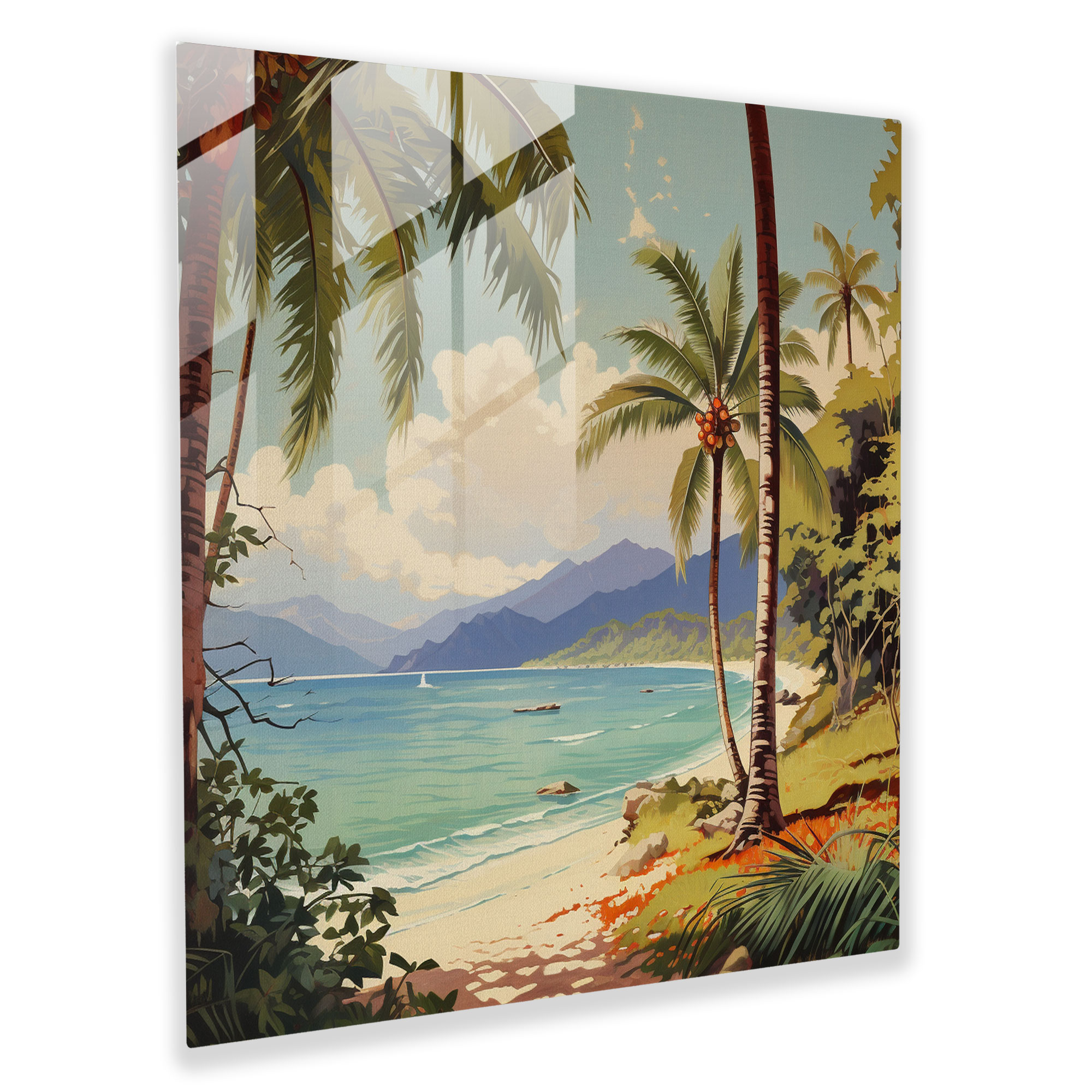 Tropical Getaway Glass Print - Vintage Travel Poster - Nostalgia, Tranquil, Wanderlust, Glass Wall Art