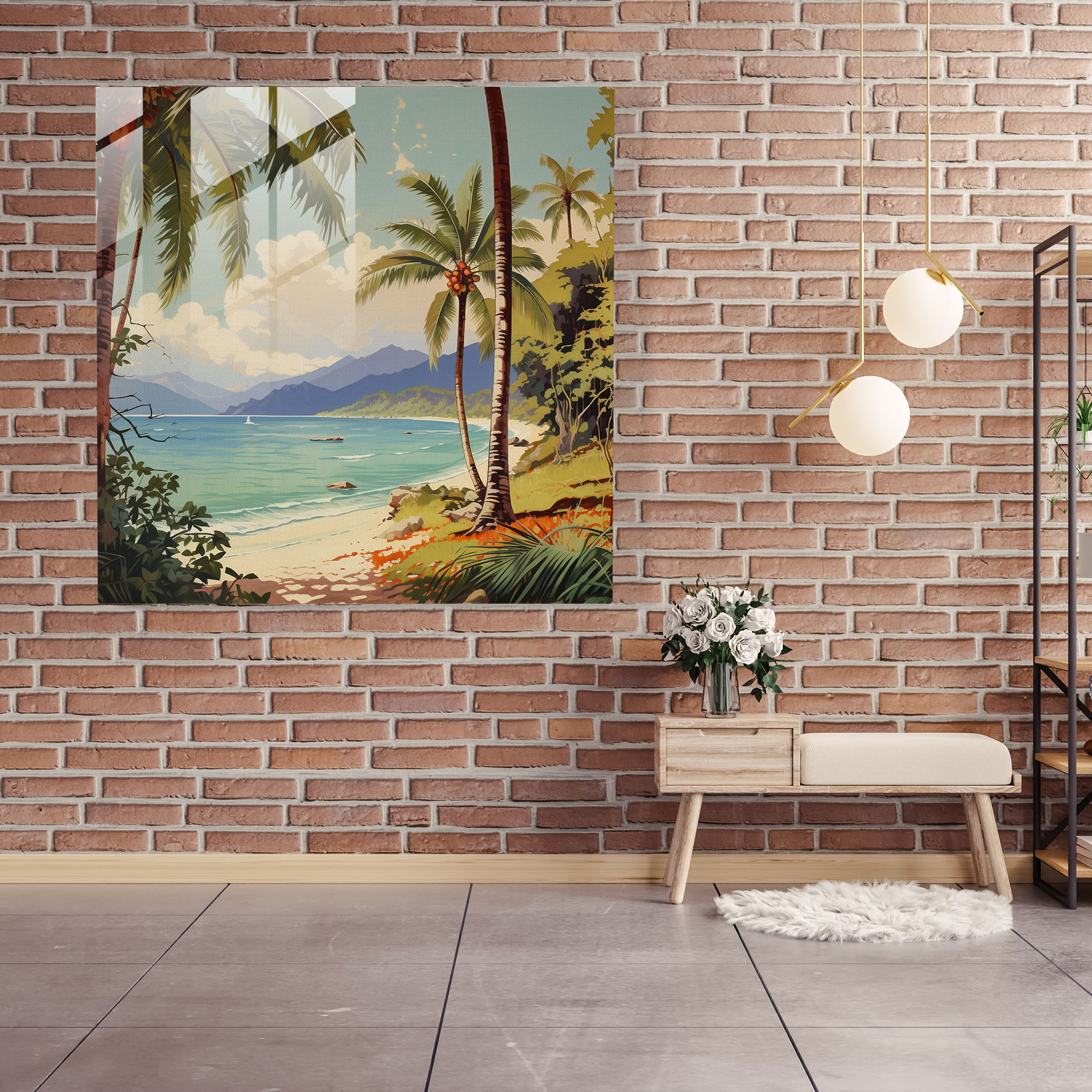 Tropical Getaway Glass Print - Vintage Travel Poster - Nostalgia, Tranquil, Wanderlust, Glass Wall Art