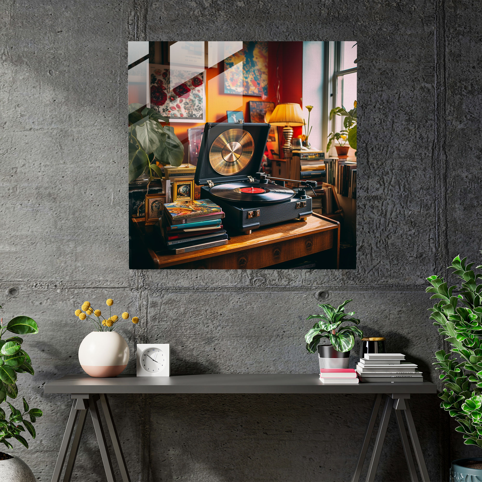 Vinyl Nostalgia Glass Print - Nostalgia, Modern Art, Memories, Nostalgic Atmosphere