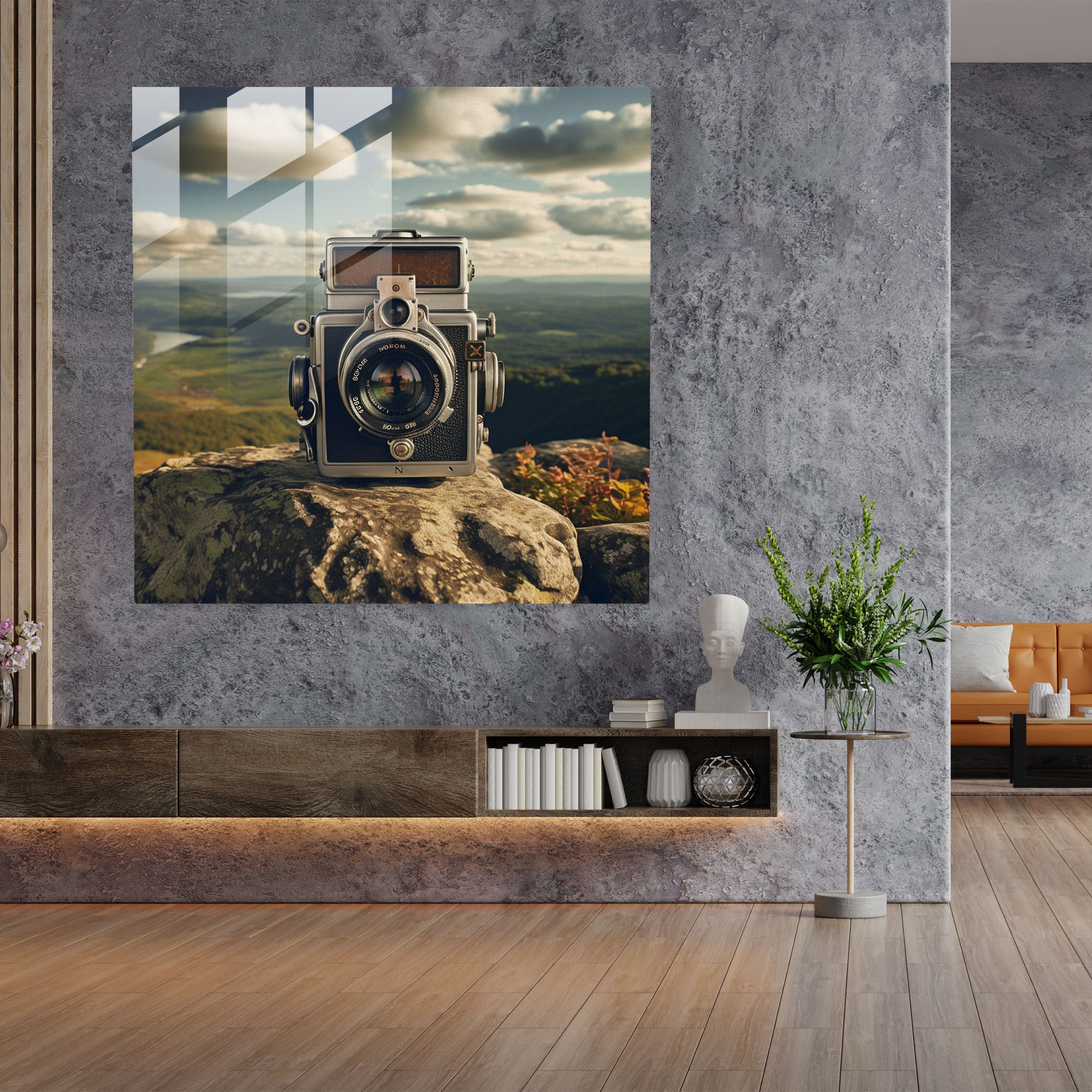 Nostalgia Glass Print: Vintage Camera - Nostalgia, Modern Art, Wall Decoration, Glass Wall Art