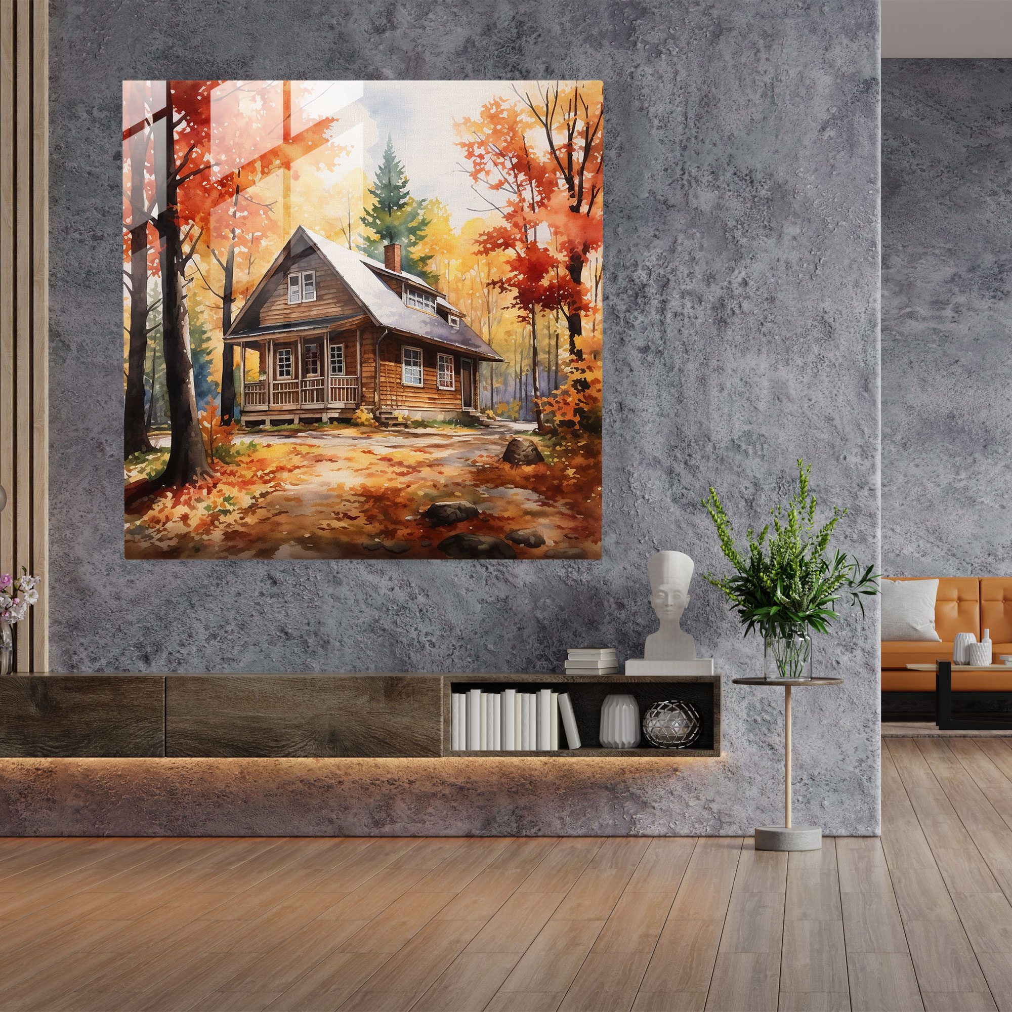 Cozy Cabin Glass Print - Nostalgia, Glass Wall Art, Nostalgia, Wall Decoration