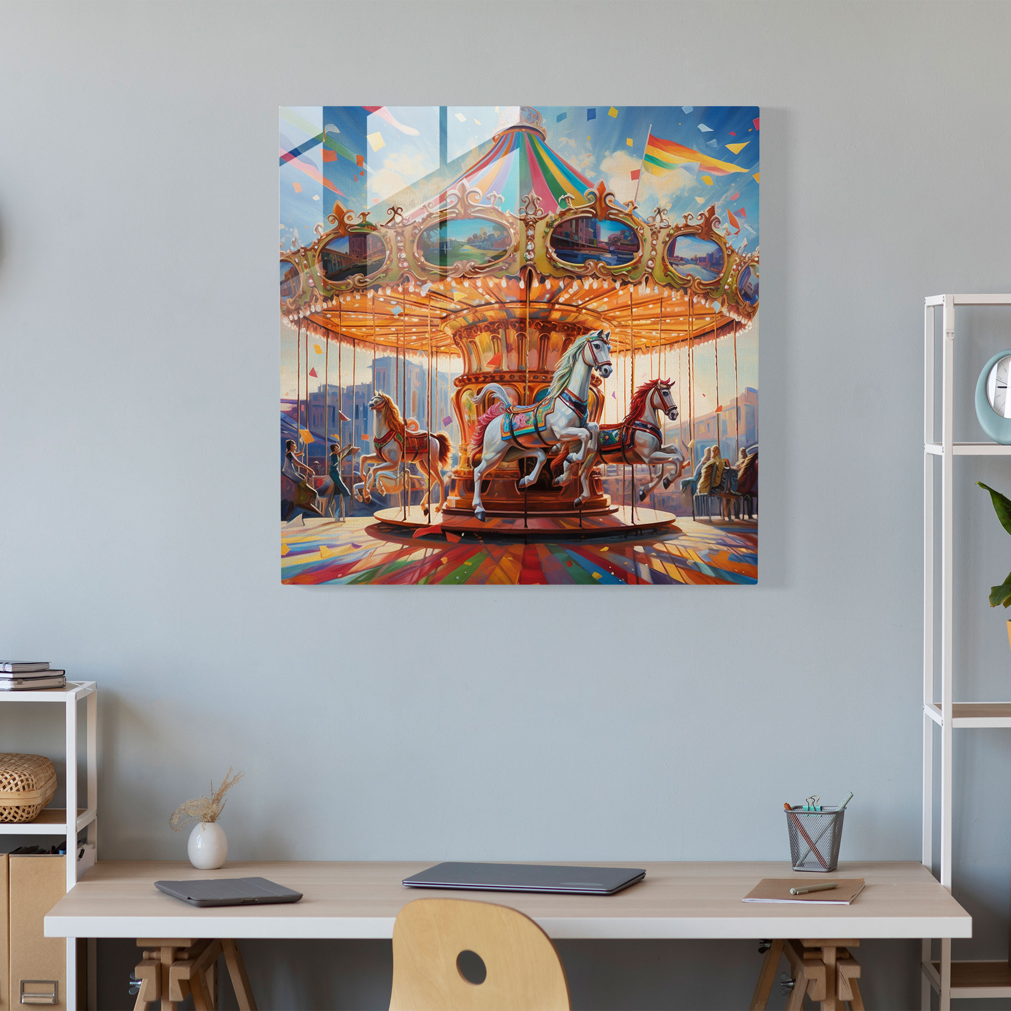 Whimsical Carousel Glass Print - Nostalgia, Joyful Riders, Vintage-Inspired Painting, Home Decoration
