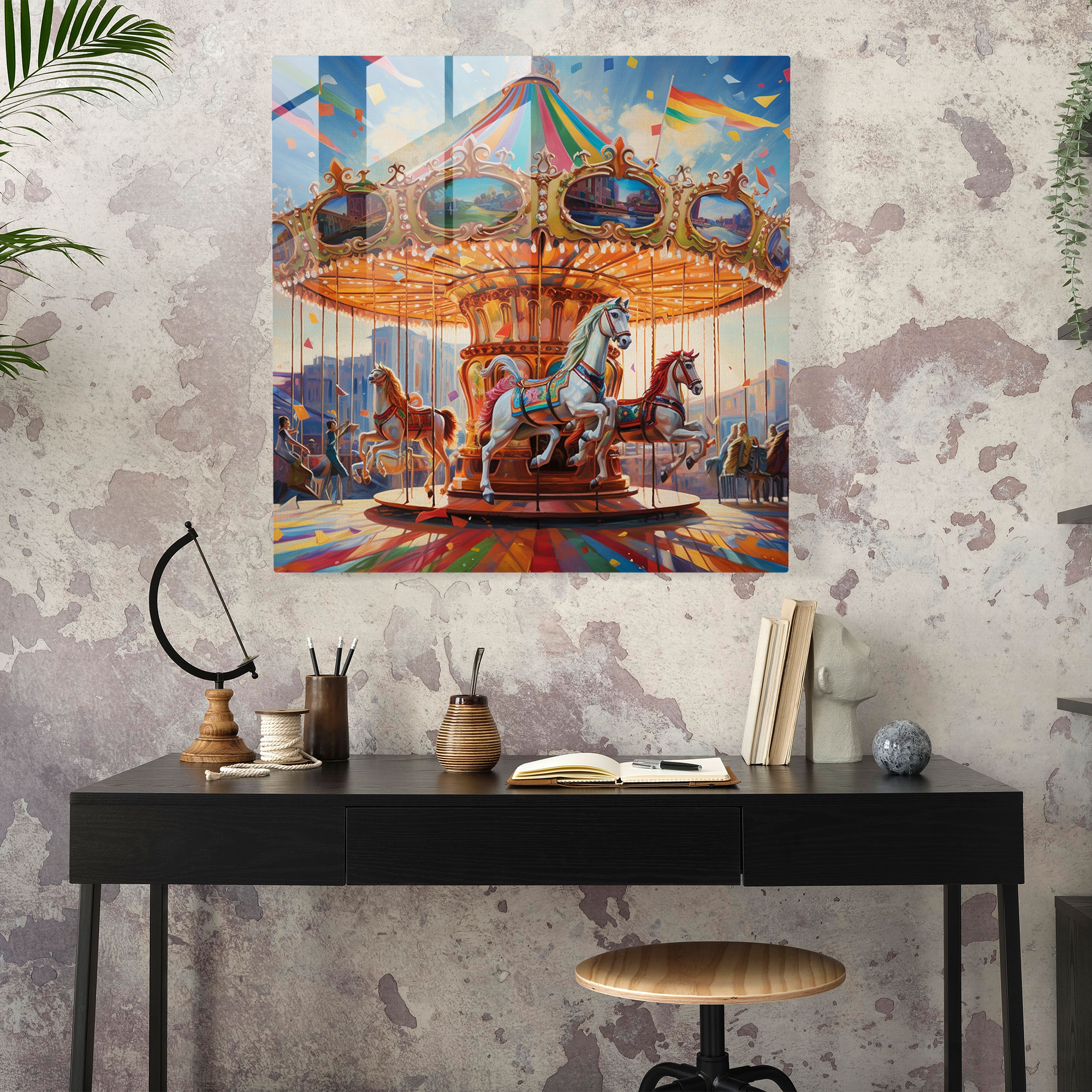 Whimsical Carousel Glass Print - Nostalgia, Joyful Riders, Vintage-Inspired Painting, Home Decoration