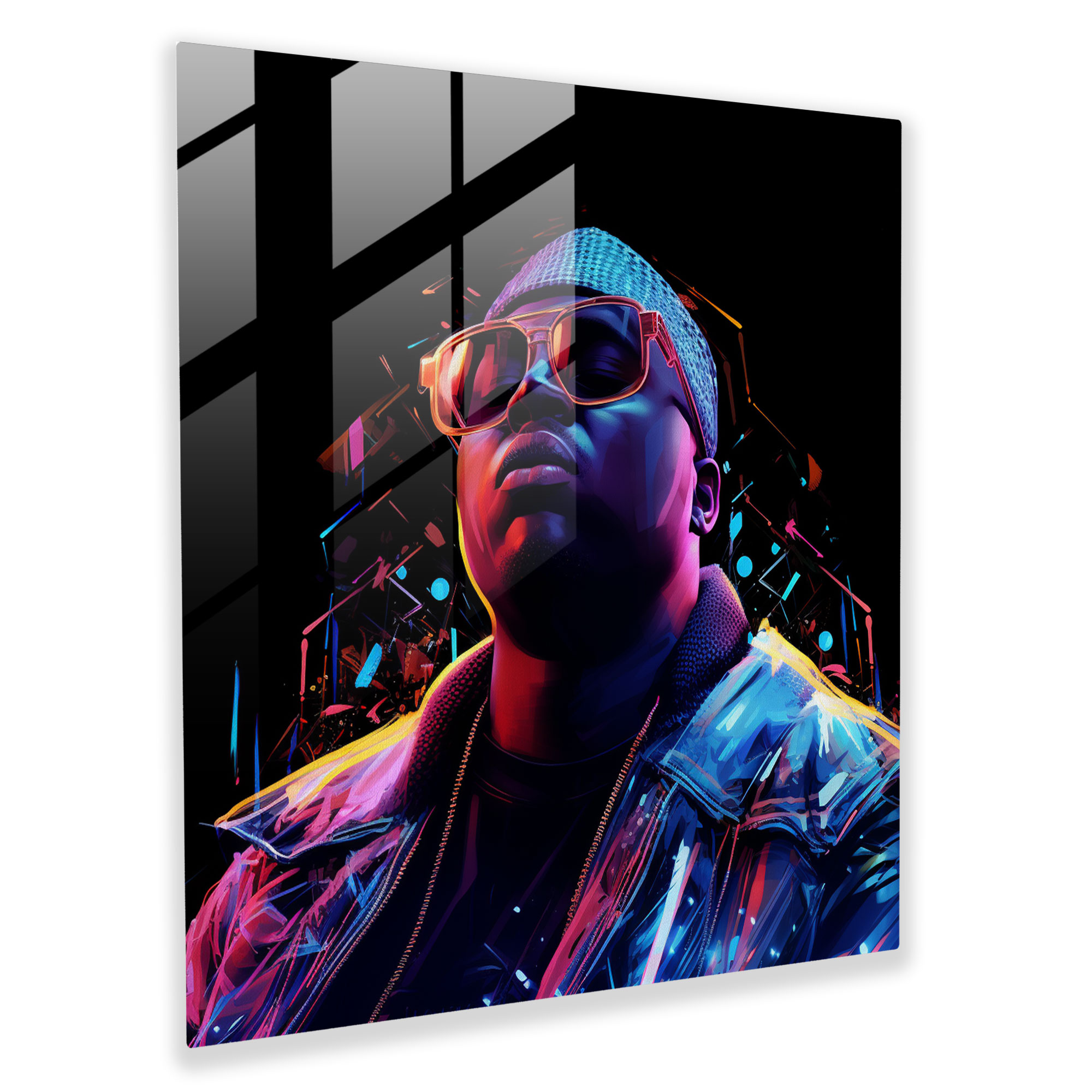 Notorious B.i.g. Digital Art Glass Print - Notorious Big, Glass Wall Art, Neon Lights, Glitch Aesthetics